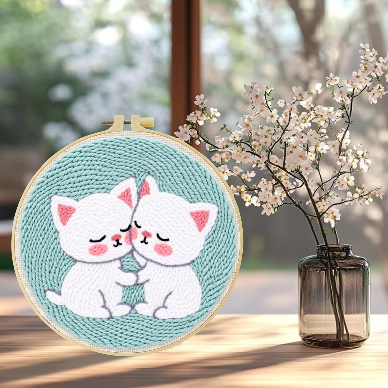 JOZYSH Punch Needle Embroidery Starter Kits for Beginners Cute Cartoon Animal Embroidery Hoops,Color Threads,Instructions and Needles,DIY Adults Embroidery (CAT)
