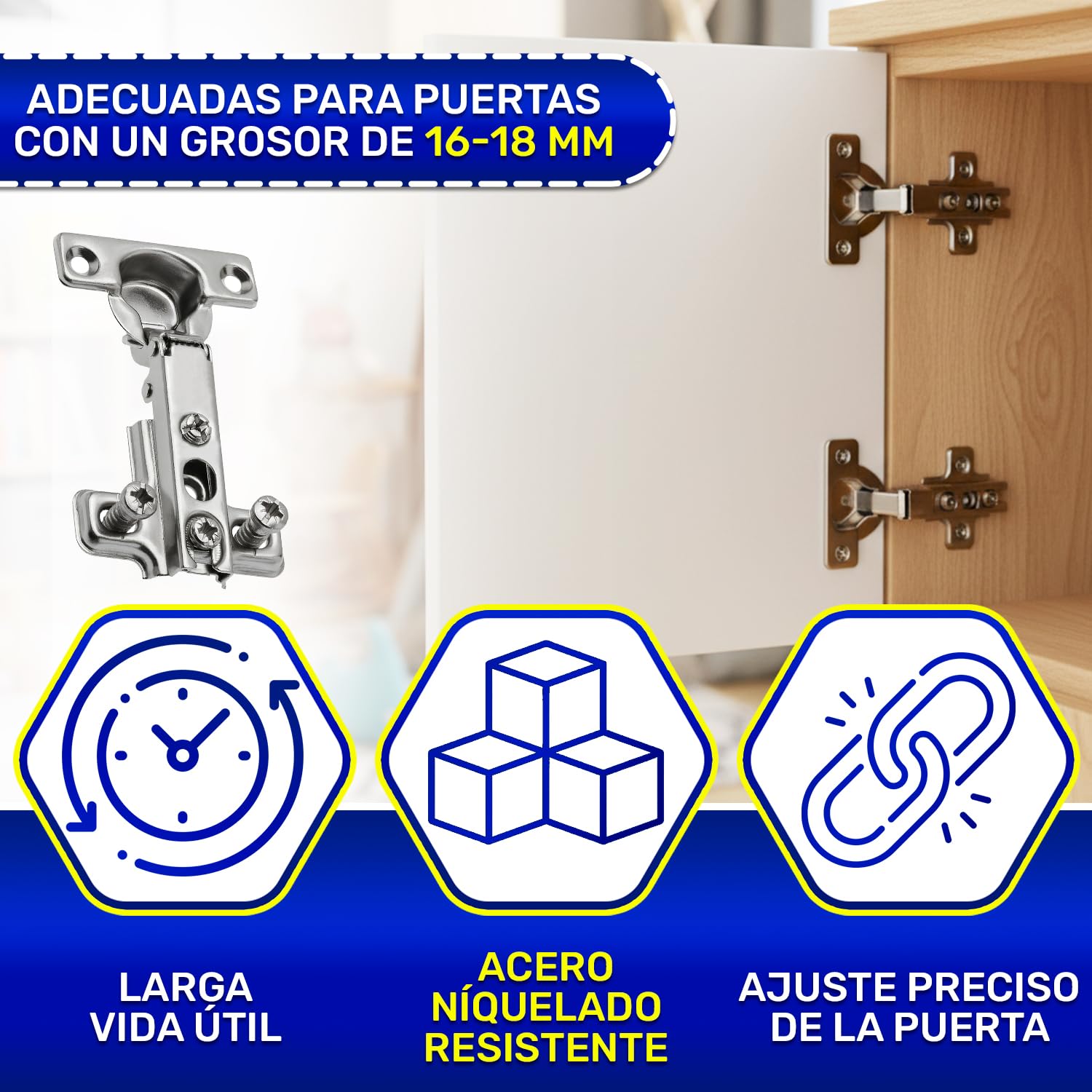 4 Piezas Bisagra Puertas Cocina con Ángulo Apertura 95° - Dotados del Sistema Slide-On - Montaje de Bisagra para Puertas H=0 Ø 26 mm - Garantía de 10 Años - MONTERAL