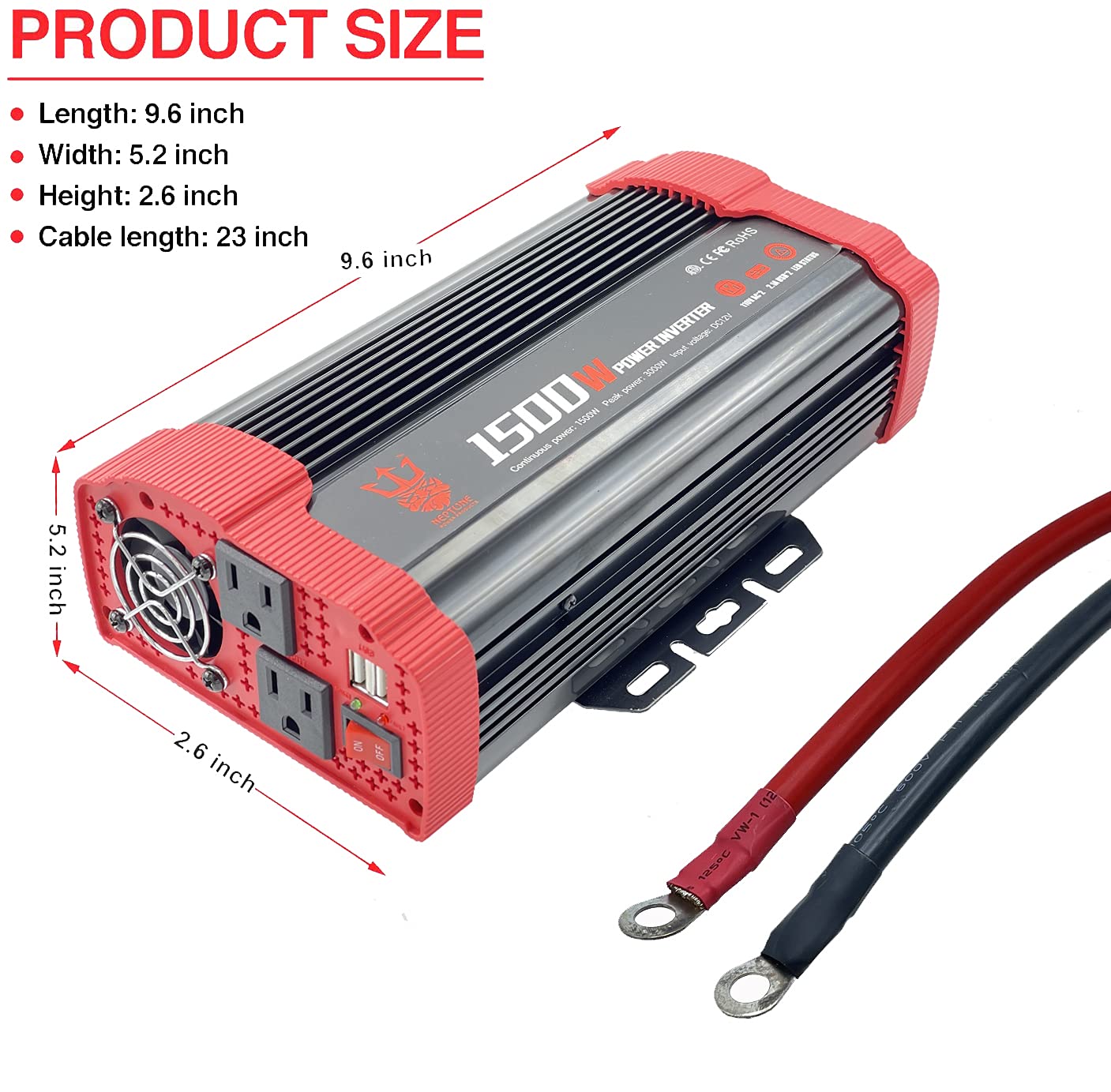 Neptune Power Products 1500W Car Power Inverter DC 12V to 110V AC Converter with 2 Charger Outlets and Dual 3.1A USB Ports Cigarette Lighter Socket Adapter (1 Inverter)