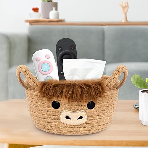 Miniatura 6 de Cesta Linda de Vaca Highland para Guardería, Cesta de Regalo de Ducha Pequeña, Cesta de Almacenamiento Redonda Tejida de Cuerda y Algodón,
