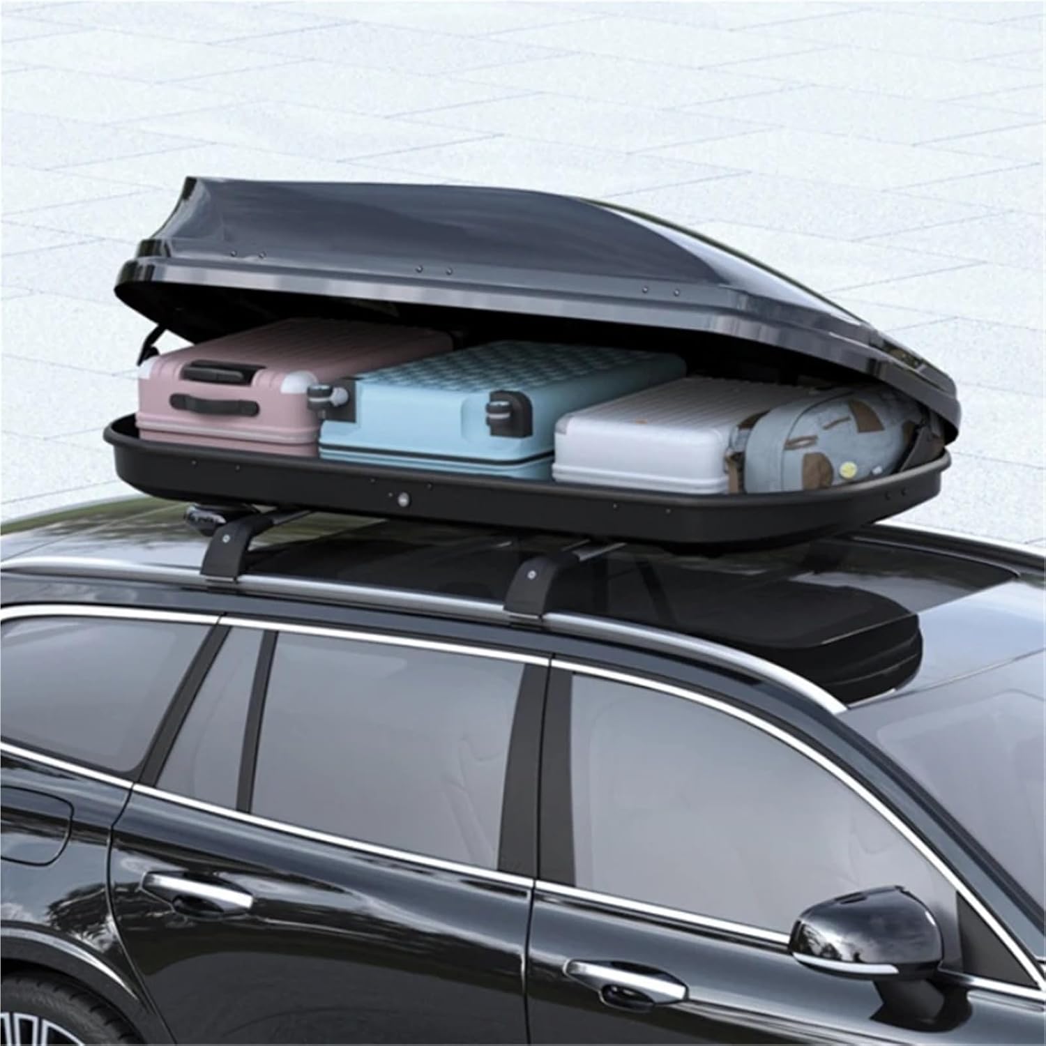 600L Roof-Top Cargo Box ABS Universal Car Roof Compatible with Sedans Suitcases Compatible with SUV 4×4 Off-Road Vehicle Accessories(Gray and Crossbar)