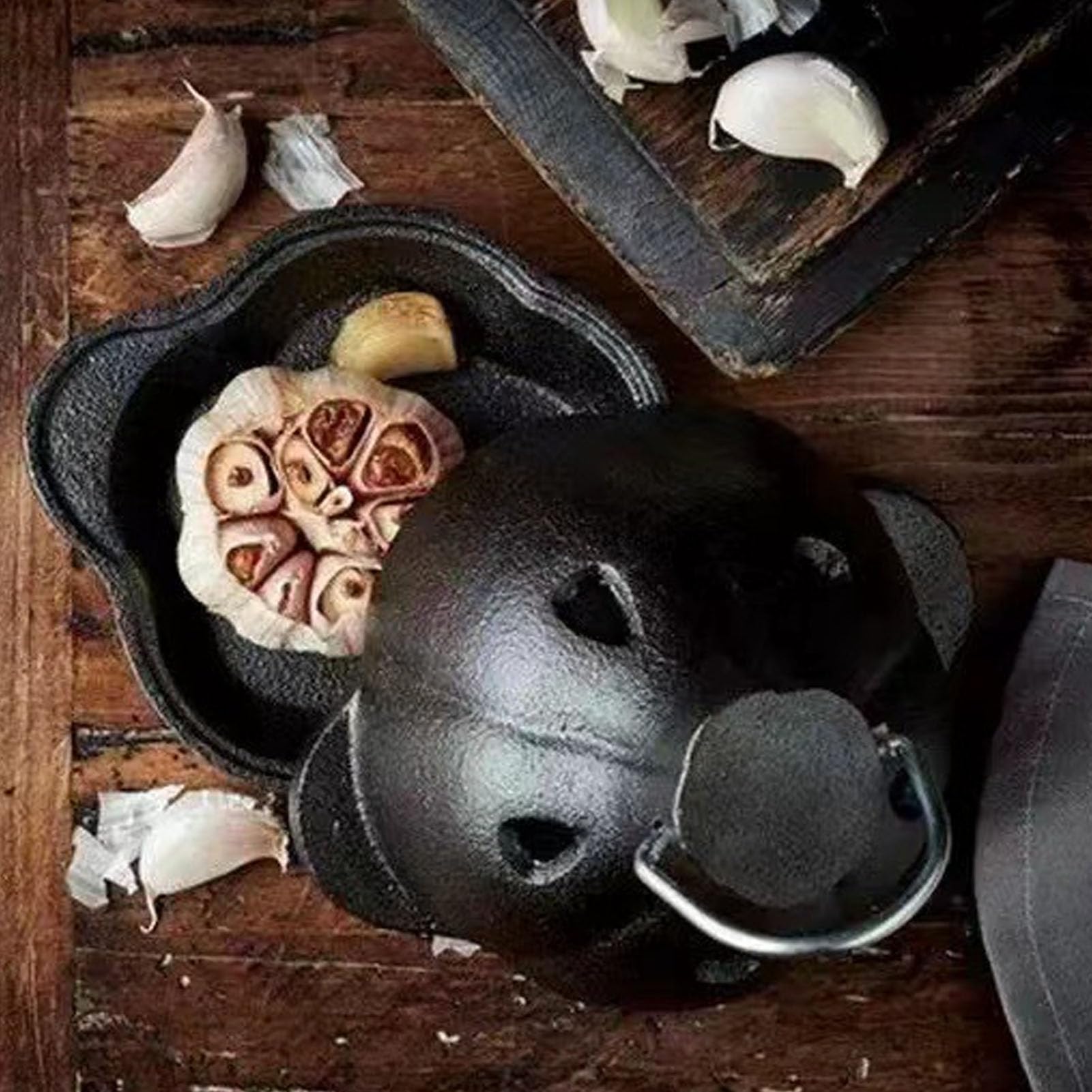Focket Żeliwny Rożen do Czosnku, Wstępnie Przyprawiony Rożen do Ziemniaków i Czosnku z Uchwytem, Mini Cocotte, Użytku w Piekarniku Kuchennym lub na Zewnątrz na Kuchence Grillowej