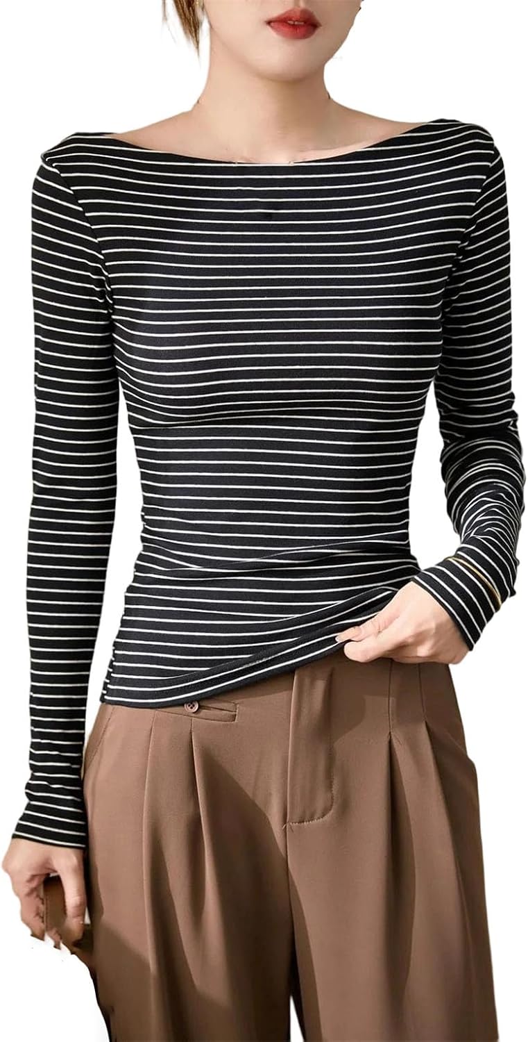Women's Retro One Neck Striped T-Shirt for Women Long Sleeved Thick Slim Fit Cotton Base Shirt Top