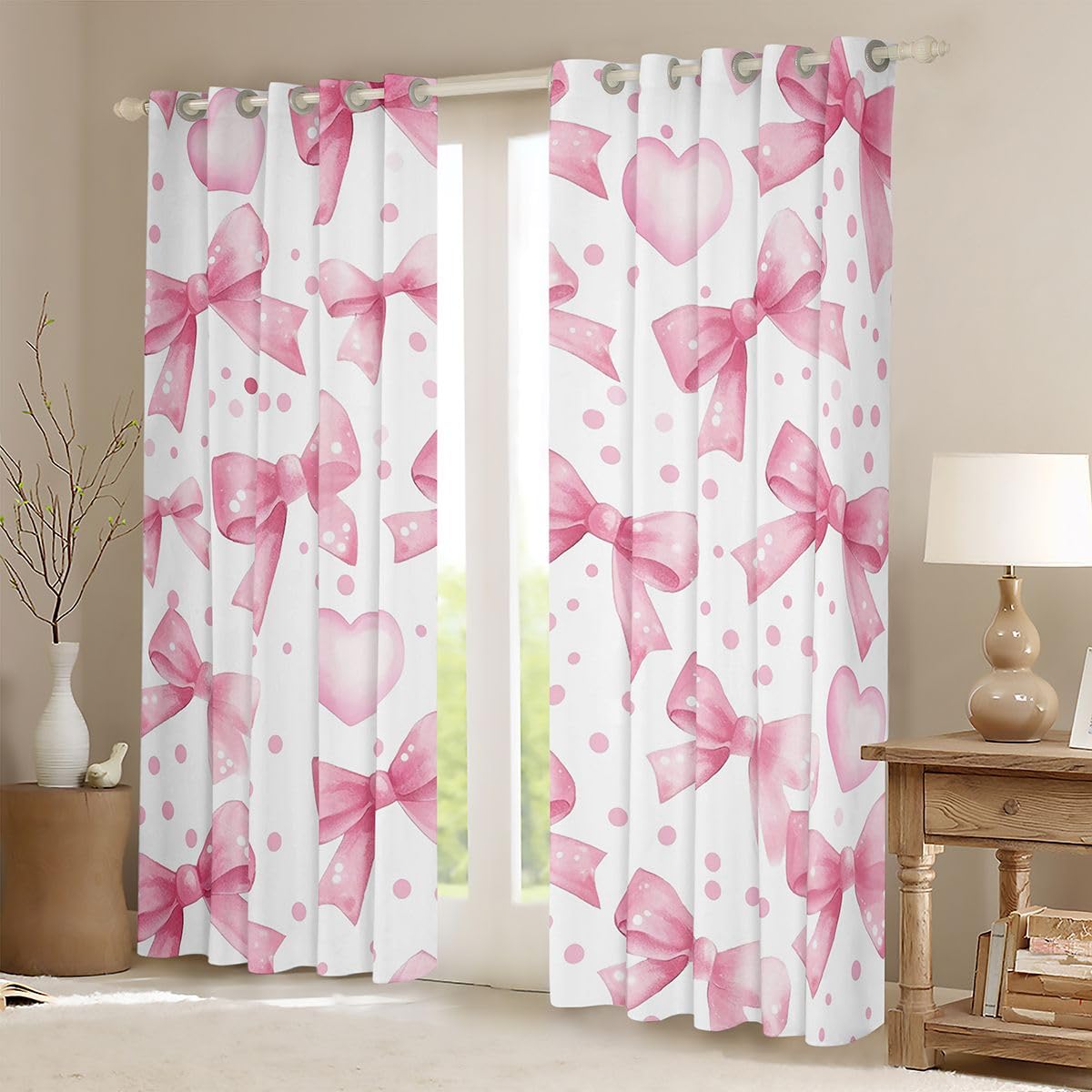 Homewish Dziewczęca kokarda księżniczka różowe zasłony okienne 117 x 137 cm, 2 zestawy paneli - urocza wstążka kokarda marzycielskie zasłony zaciemniające miłość serca zasłony okienne zasłony kropki