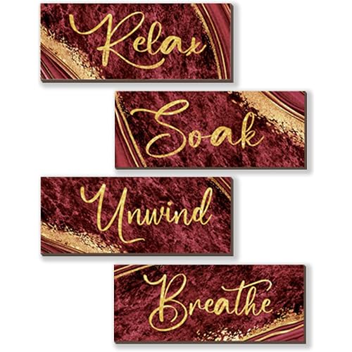 ONIZHITY 4 Pcs Red and Gold Bathroom Decor Red Gold Wall Decor Relax Soak Unwind Breathe Wooden Rustic Red Marble Style Bathroom Accessories for Bedroom Living Room Office Decor (10X4)