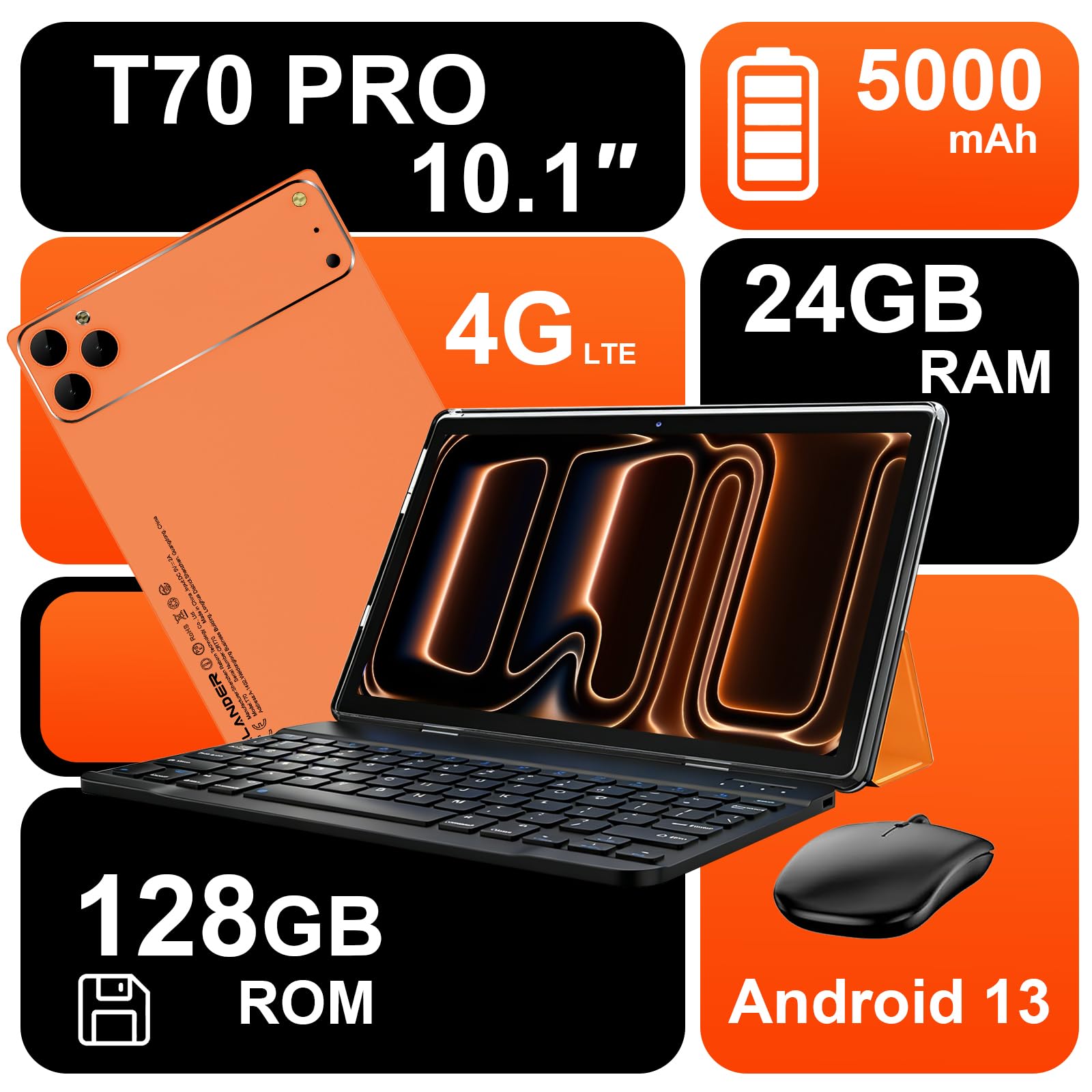 Crelander Tablet Android 13 da 10,1 pollici, con slot per scheda SIM, 4G LTE Calling, 24 GB + 128 GB, batteria da 5000 mAh, doppia fotocamera, Bluetooth/WiFi, bundle con custodia, tastiera, mouse e