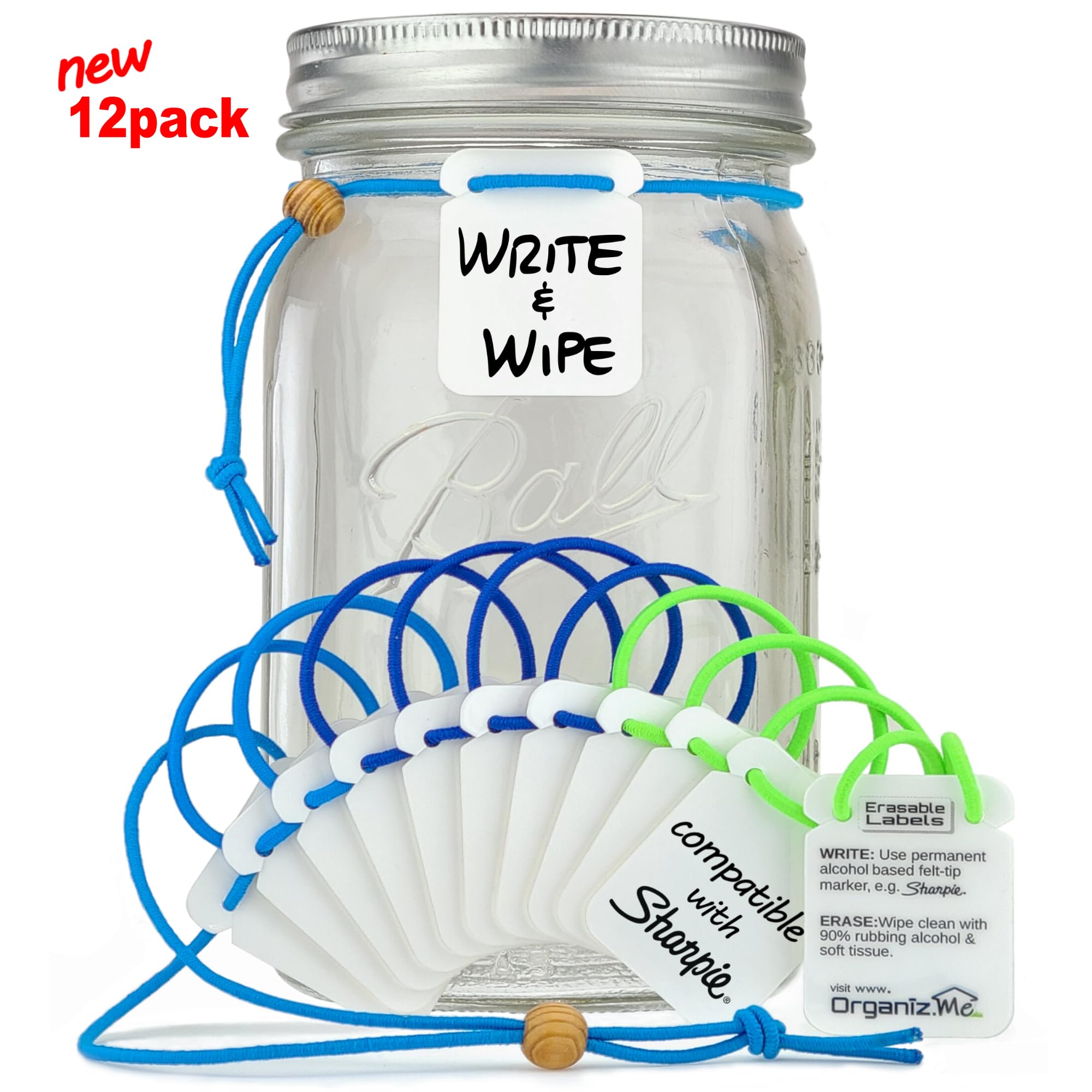 Re-Usable Mason Jar Tags, Jar Labels with Elastic String, Sharpie & COPIC Compatible, Spice & Canning Labels, Made in USA, 12pcs