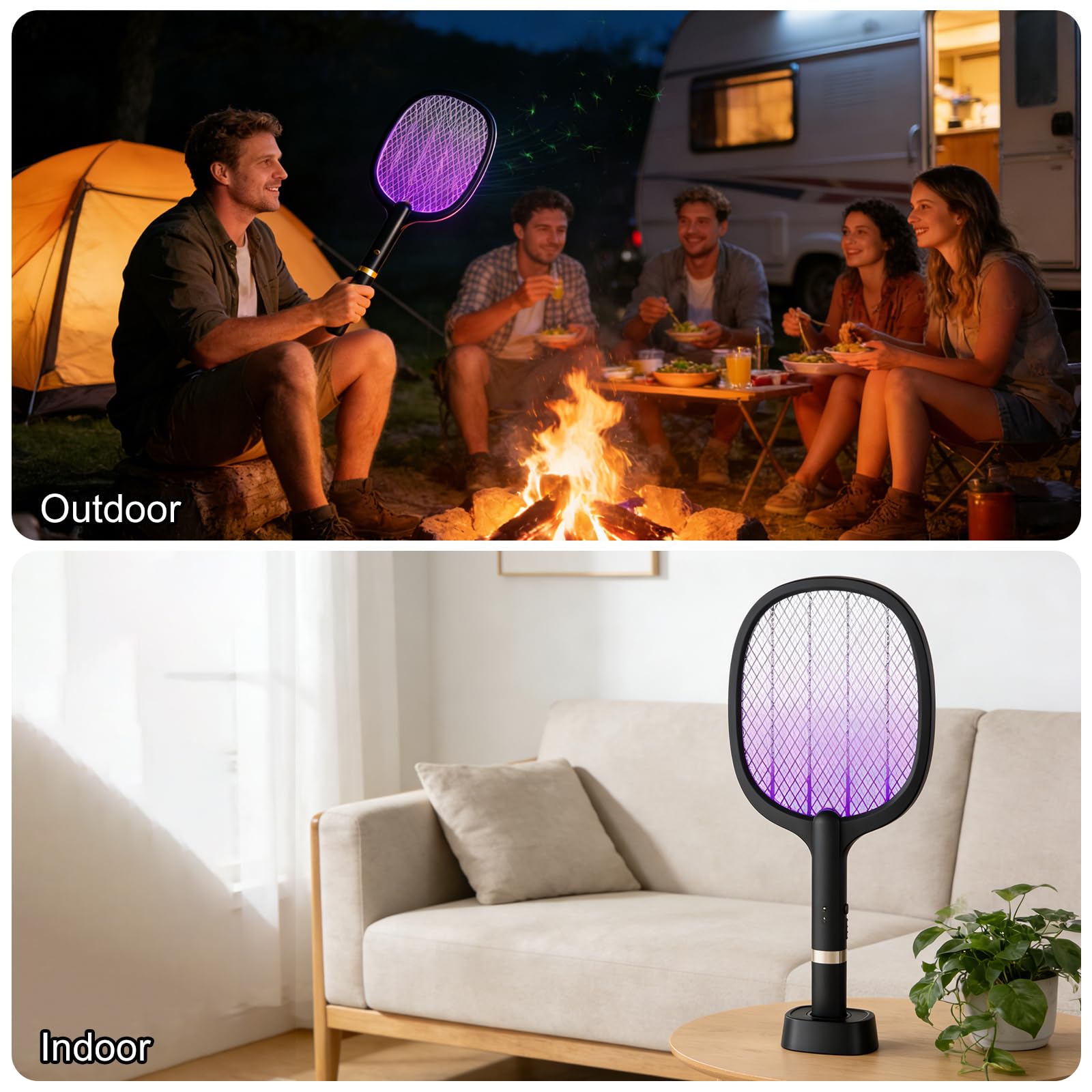 Raquette Moustique Electrique 5000V, Raquette Anti Moustique Rechargeable USB-C avec Base, Batterie 2000mAh, Tapette à Mouche Électrique 2 en 1 avec Lampe UV, Idéale pour Intérieur, （Noir, Lot de 2）