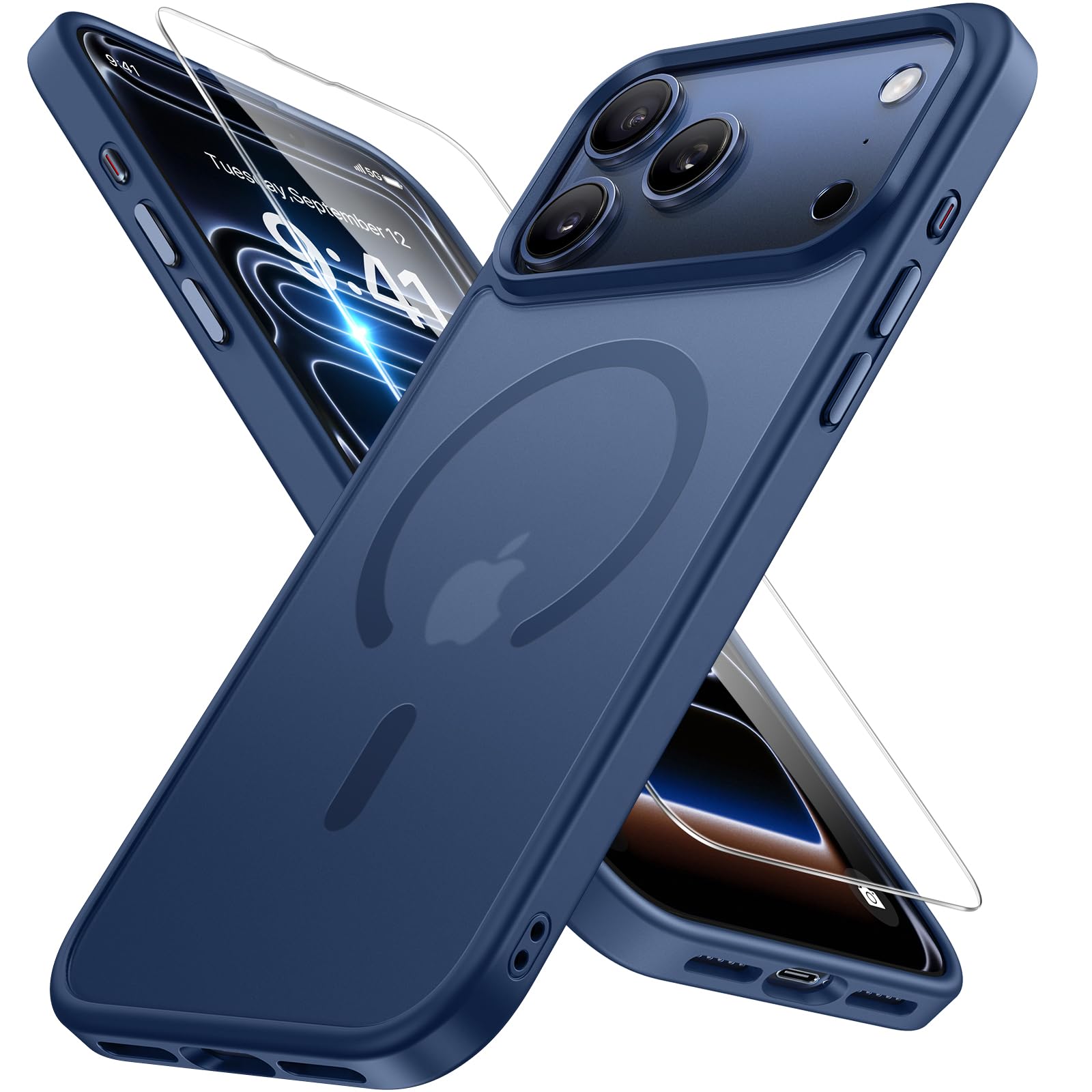 Miracase Magnetic for iPhone 17 Pro Case 6.3" with Screen Protector, [Compatible with MagSafe] Military-Grade Protection, Anti-Fingerprint, Slim Thin Phone Case for 17 Pro Cover, Glass Blue