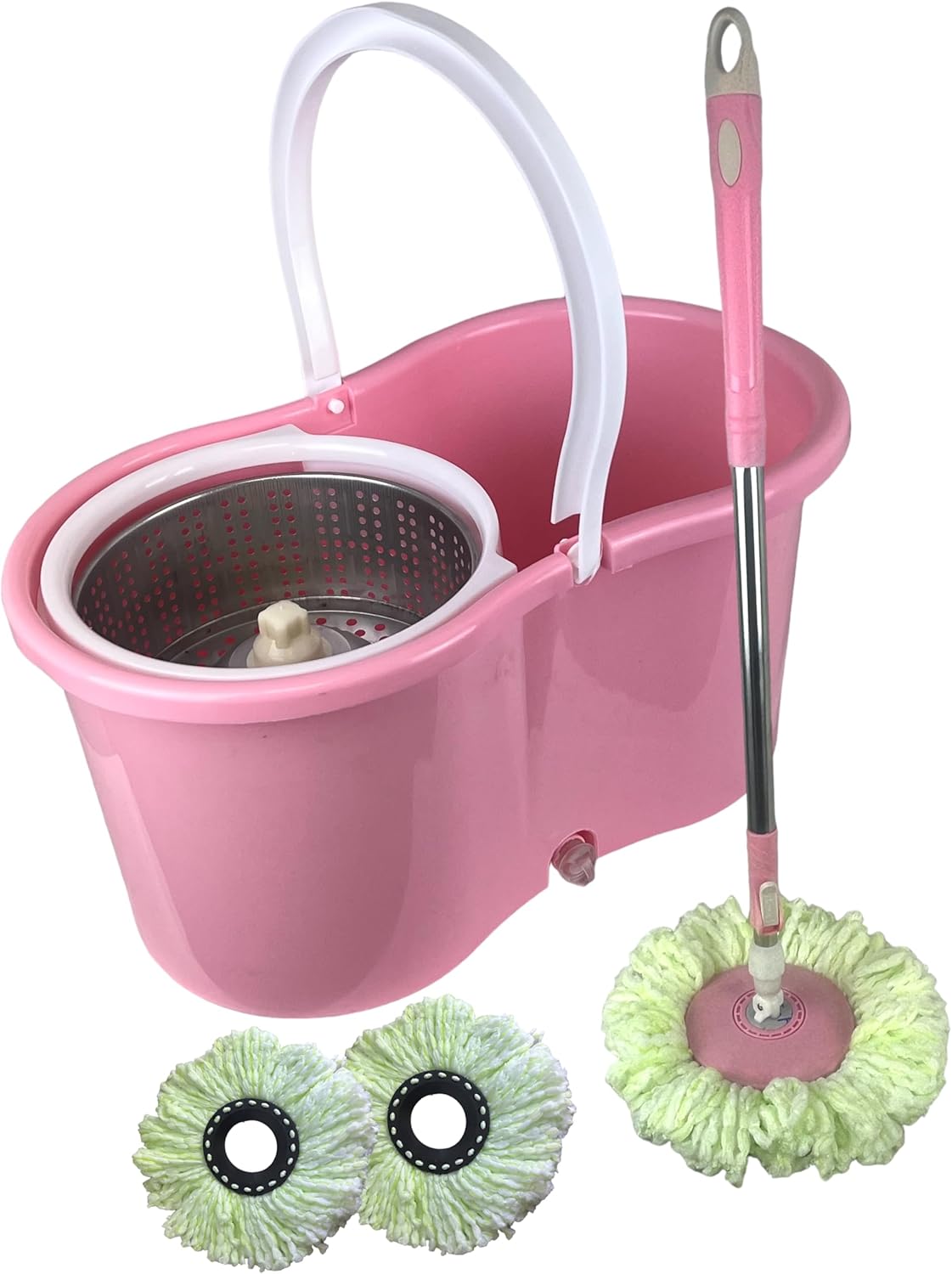 LOHOX Spin Mop Emmer Systeem Met 4 wielen RVS Deluxe 360 Spinning Mop Vloer Reiniging Set Gemakkelijk Druk Handvat met 2 Microvezel Mop Hoofden voor Thuis Keuken Vloer Reiniging