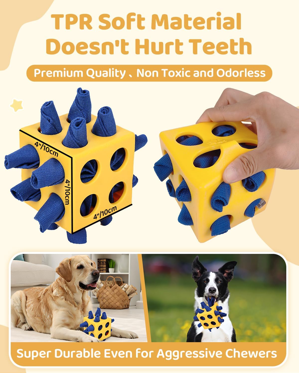 Interactive Puzzle Dog Toy Encourage Natural Foraging Skill, Durable Dog Enrichment Toy Snuffle Cube Cloth Strip with Hide & Seek Food, Slow Feeder for Mind Stimulate & Stress Relief (Yellow)