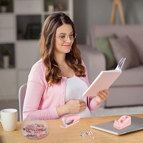 Miniatura 6 de Sabary Kit de accesorios de escritorio rosa de 12 piezas, incluye grapadora con grapas, dispensador de cinta, removedor de grapas, adhesivo con