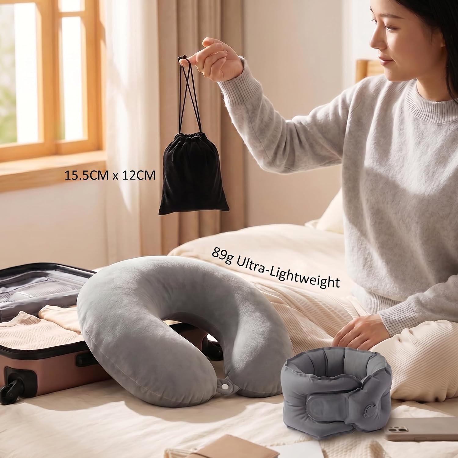 Premium Inflatable Travel Neck Pillow Kit - Odorless TPU & Cooling Milk Silk - Ultralight 3.1oz Support for Airplanes - Includes Dual-Sided Eye Mask, Earplugs, Velvet Bag & Gift Box (Dark Gray)