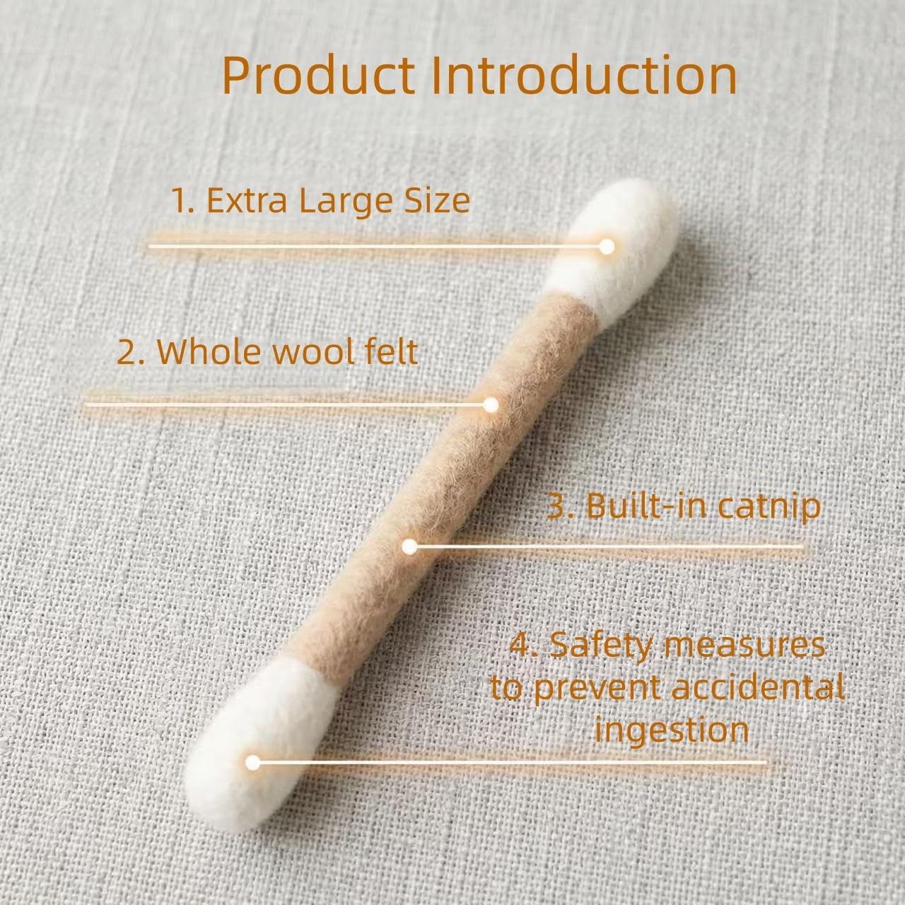 Catnip Cat Chew Toy, Wool Felt Cat Q Tip Toy 10cm, Small Beige Catnip Stick Toy for Kittens and Indoor Cats, Interactive Cat Teaser Chew Stick for Biting, Batting and Play, 1 Pack