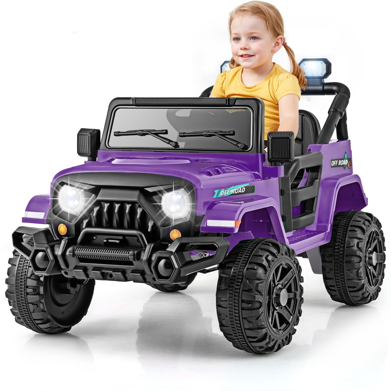 12V Kids Ride on Car, Battery Powered Electric Vehicle Truck with with Remote Control, Wireless, LED Lights, Music, Horn, 2 Motors Off Road Toy for Boys Girls 3+ Years Old (Purple)