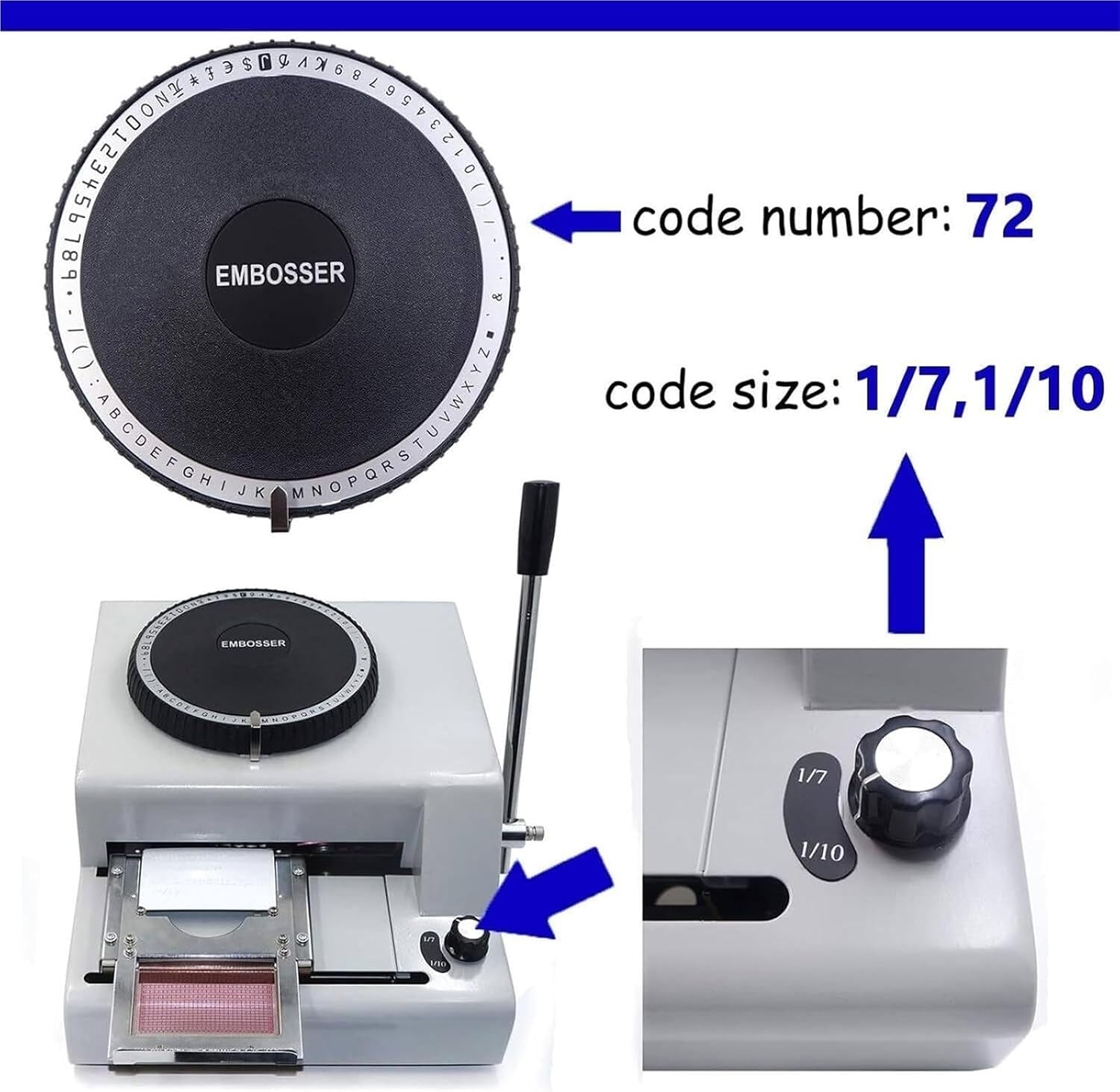 Stainless Steel Stamping Code Dog Tag Coder, Manual PVC Card Embossing Machine for 1‑12 Lines (Cards) & 1‑6 Lines (Dog Tags) – 72-Character Rotating Plate