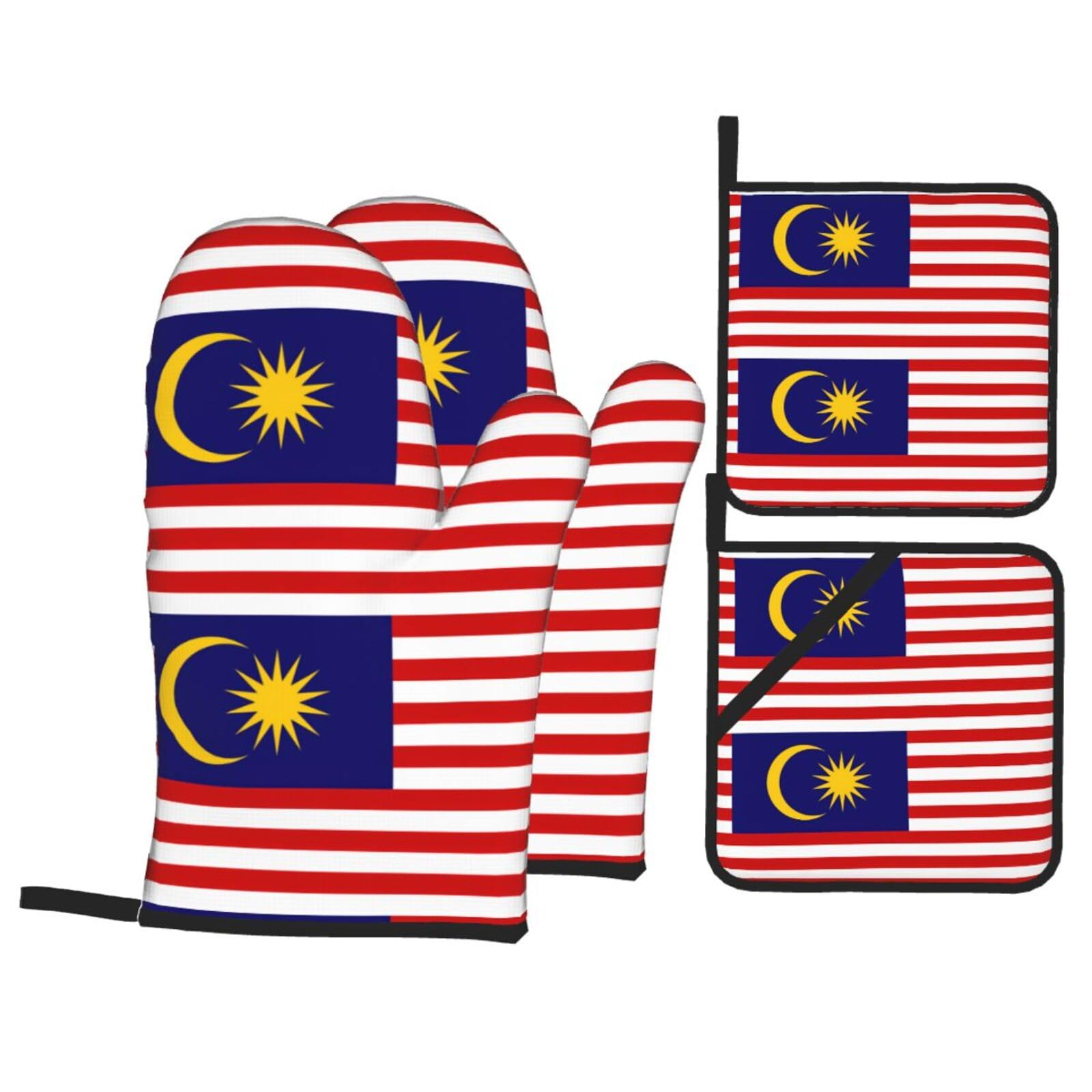 Nimongt Black Malaysia Flag Print Heat-Resistant 4-Piece Oven Kitchen Gloves For Baking Cooking Microwaving Essentials