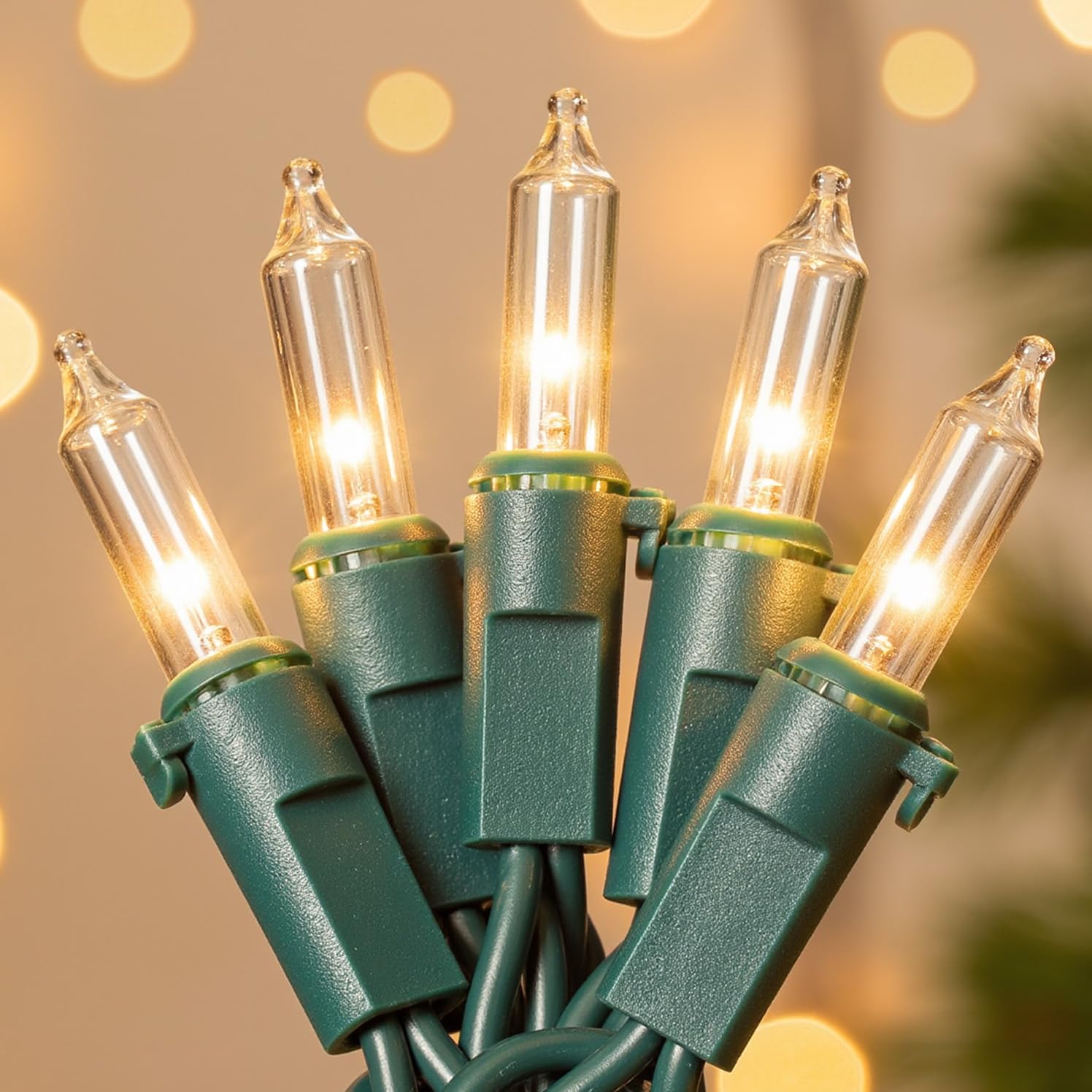 50 luces blancas de Navidad con cable verde, bombillas incandescentes de 13 pies, mini cadena de luces conectables para interiores, árbol de Navidad, exteriores, aula, fiesta, guirnalda