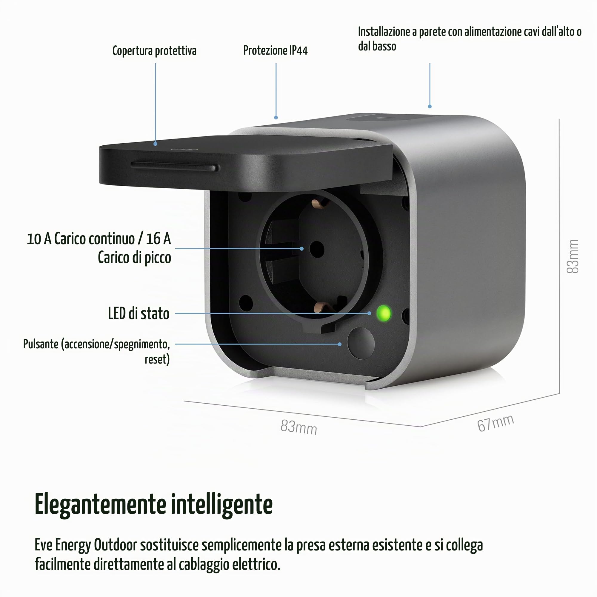 Eve Energy Outdoor (Matter) - Presa e misuratore di energia intelligente (IP44), presa per stanza umida, richiede un Thread Border Router; Apple Home, Alexa, Google Home, SmartThings; TÜV