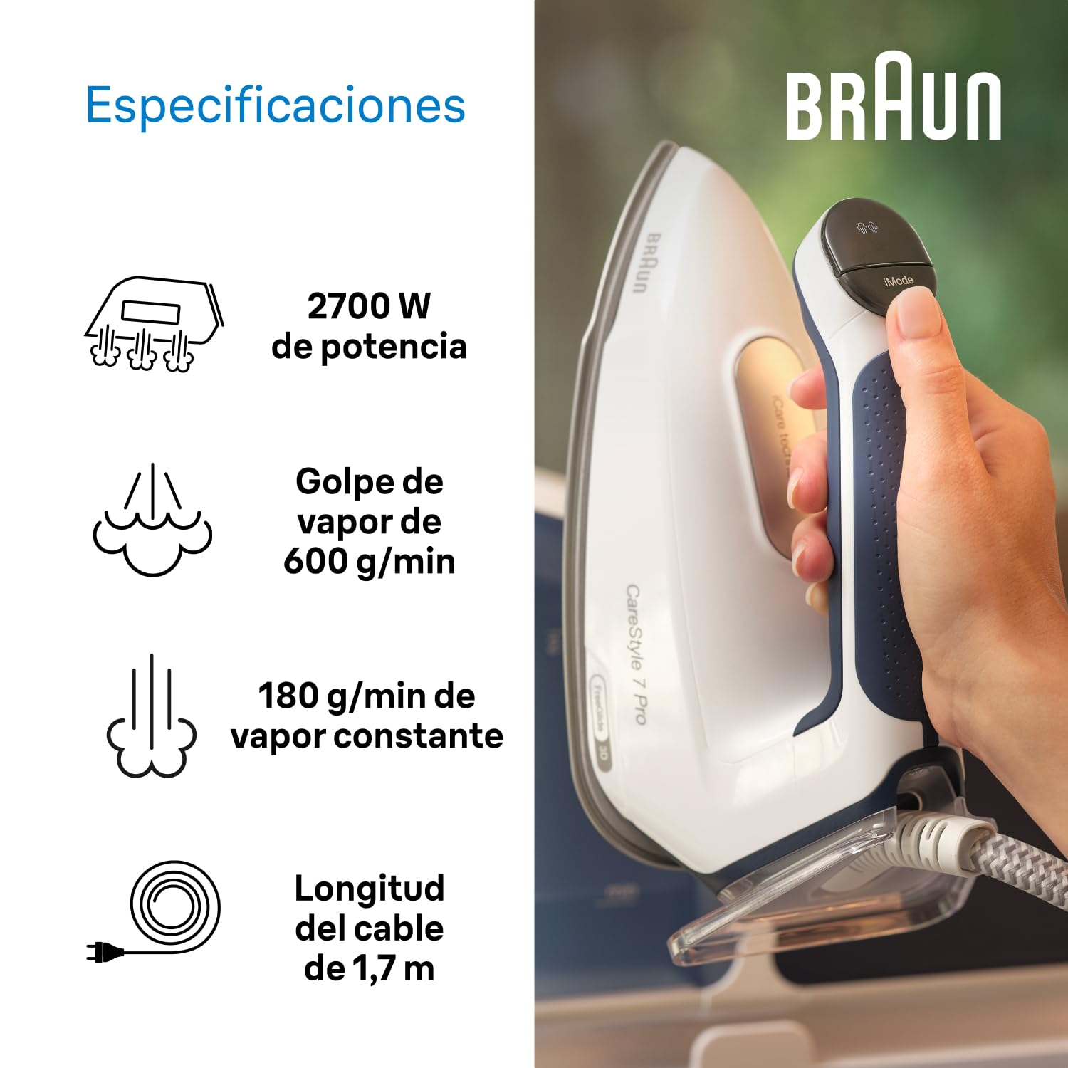 Braun CareStyle 7 Pro IS7282BL, Plancha Generadora de Vapor con Tecnología FreeGlide 3D, Smart iCareMode, Planchado Vertical, Antigoteo, Tanque de Agua Desmontable de 2L, 2700W, Azul Marino