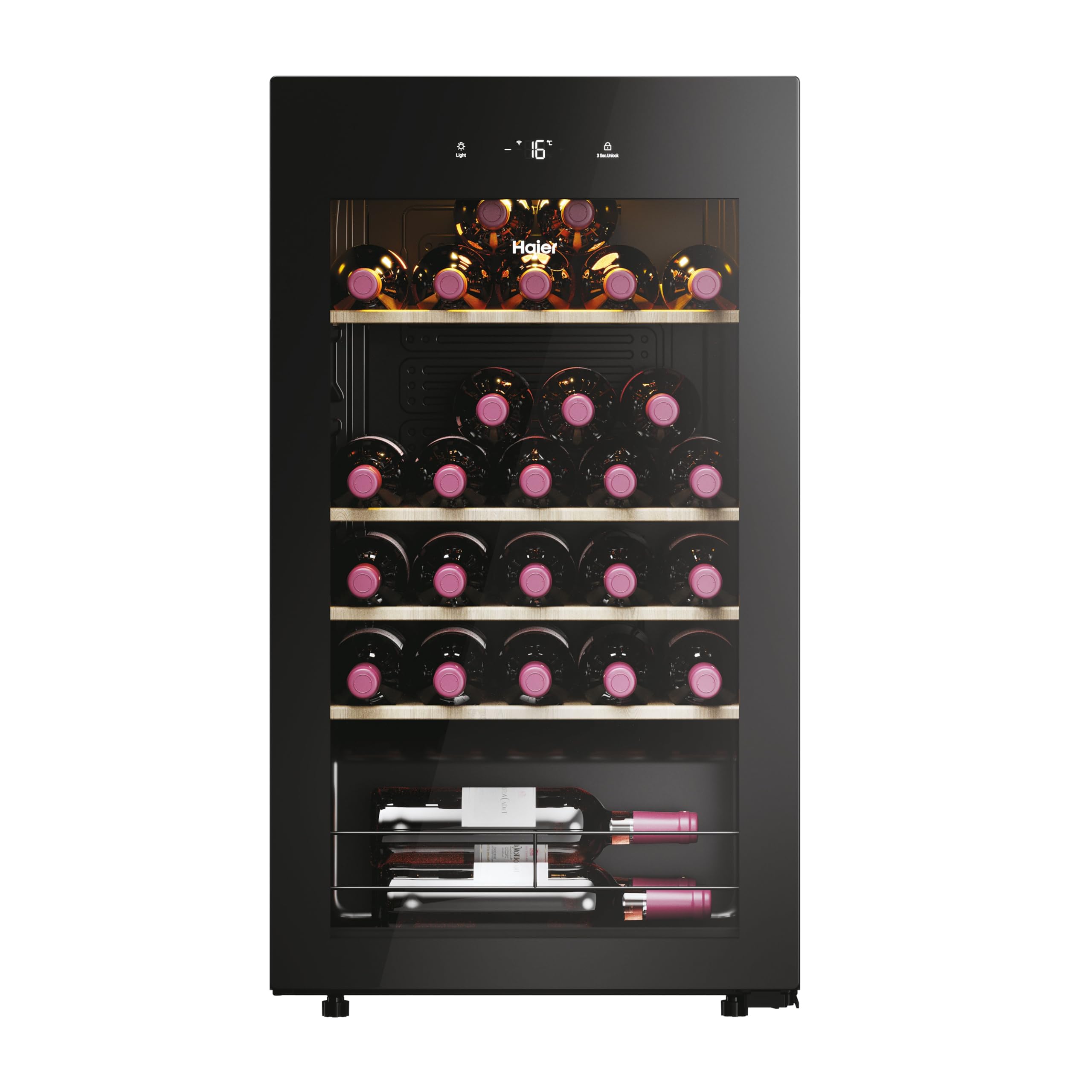 Haier Wine Bank 50 Series 3 HWS34GGH1 - Vinoteca 34 botellas, WIFI, Estantes de madera, Filtro Anti-UV, Filtro de carbón, Filtro de carbón, Display Digital, Iluminación LED, Silenciosa 37 dbA, Negra