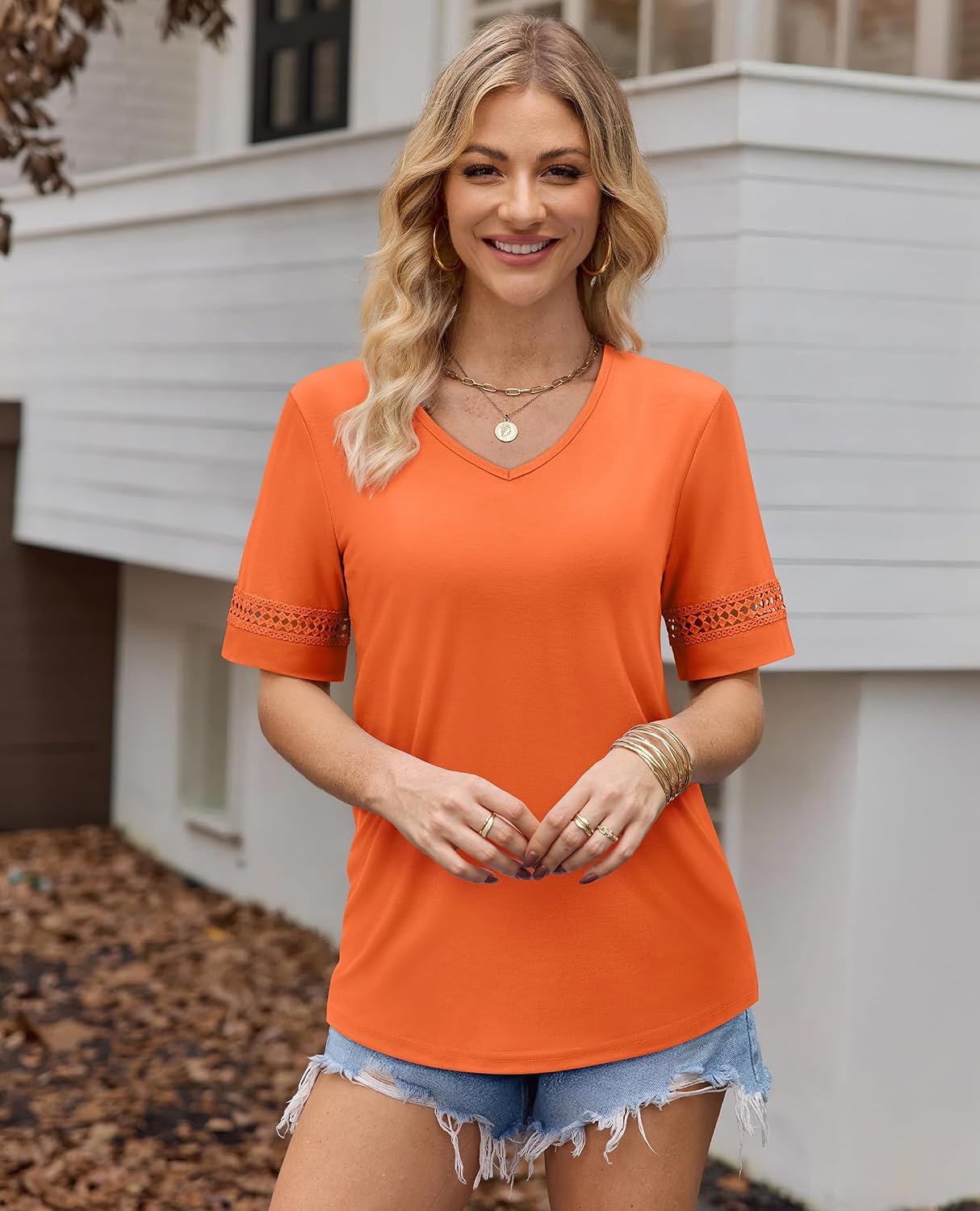 siliteelon Womens Tops V Neck Lace Short Sleeve T Shirts for Dressy Casual Summer 2026 Trendy Clothes