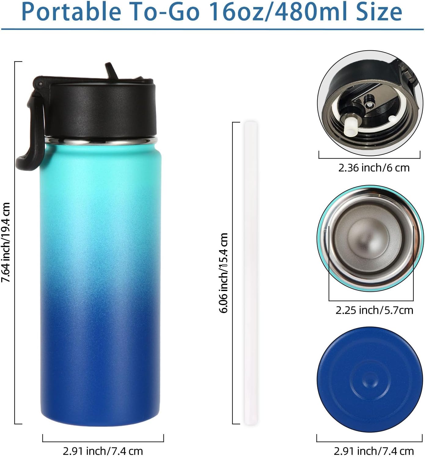 Volhoply 16 OZ Kids Water Bottle Bulk 4 Pack,Insulated Sports Bottles with Straw Lid,Stainless Steel Bottle with Handle Keep Cold & Hot,Double Wall Vacuum Tumbler Cups for School(Green Blue, 4) - Image 2