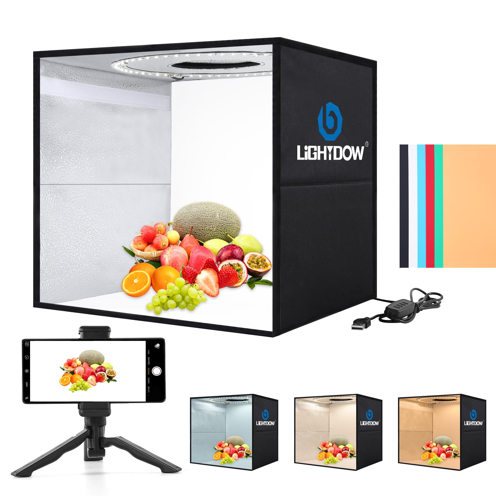 Lightdow Boîte à lumière pour photographie, 30 cm x 30,5 cm, mini tente de prise de vue portable avec 120 lumières LED à intensité variable et 6 toiles de fond, boîte photo pour petits produits