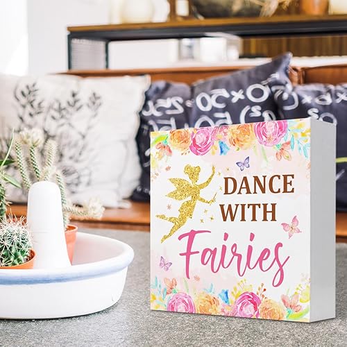 Miniatura 5 de Letrero de madera con texto en inglés "Dance with Fairies" para decoración de escritorio, decoración de escritorio con diseño floral de acuarela