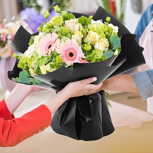 Miniatura 4 de Sabary 120 hojas de papel de regalo de flores impermeables, papel de embalaje de ramo floral negro con 6 rollos de cinta negra de 196 pulgadas,
