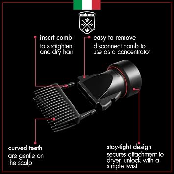 Solano 2 in 1 Dryer Attachment Universal Professional Comb & Concentrator - Italian Made - Straighten Hair - Comb Gentle on Scalp