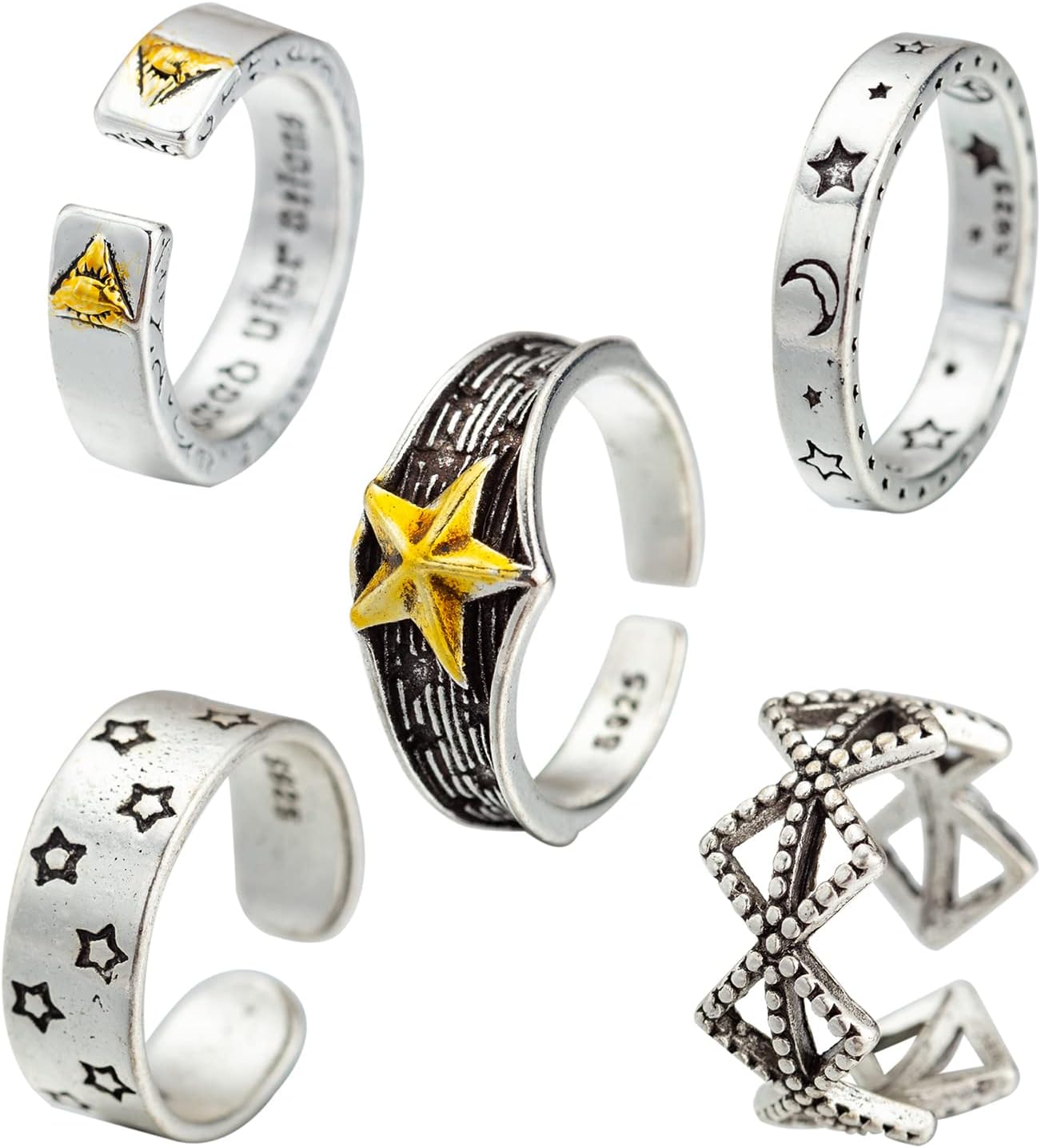 LUCSUL5 pieces Stainless Steel Adjustable Rings Set Gothic Punk Jewelry Biker Adjustable Vintage Open Rings for Men Women Girl Boy Jewelry Gift(Classic Style)