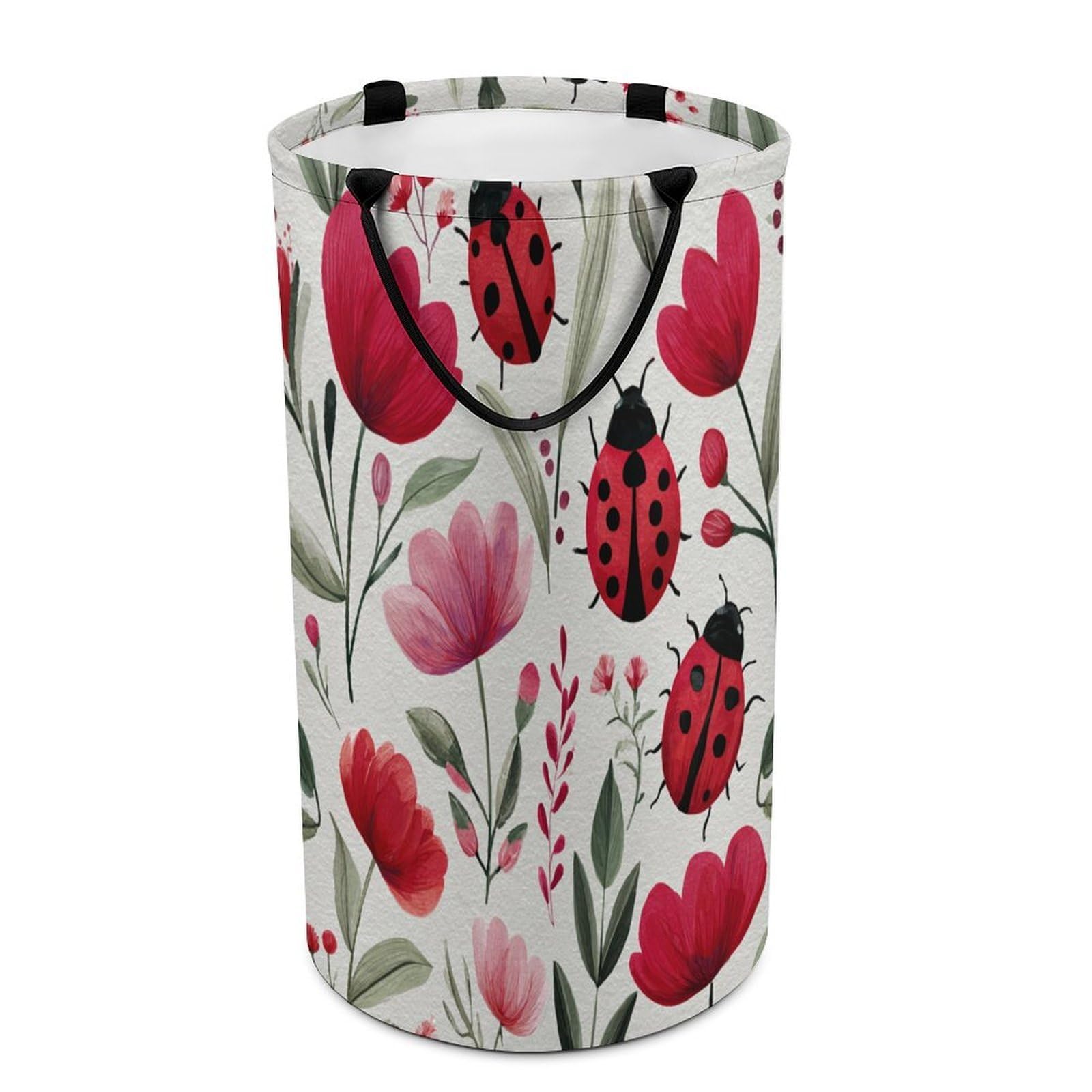 LUYYSKY Beautiful Colorful Cute Ladybug Collapsible Dirty Clothes Basket, Rustic Realistic Floral Garden Ladybug Pattern Portable Clothes Storage Basket