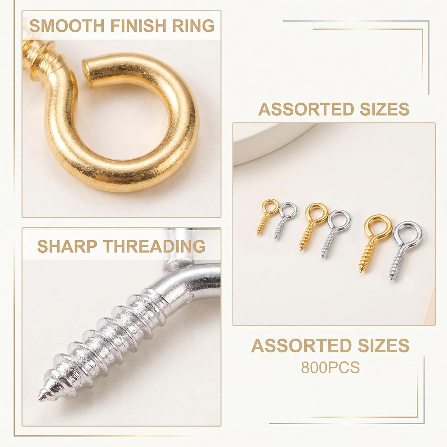 800PCS Screw Eye Pins, Gold Silver Mini Eye Hooks for Jewelry Making