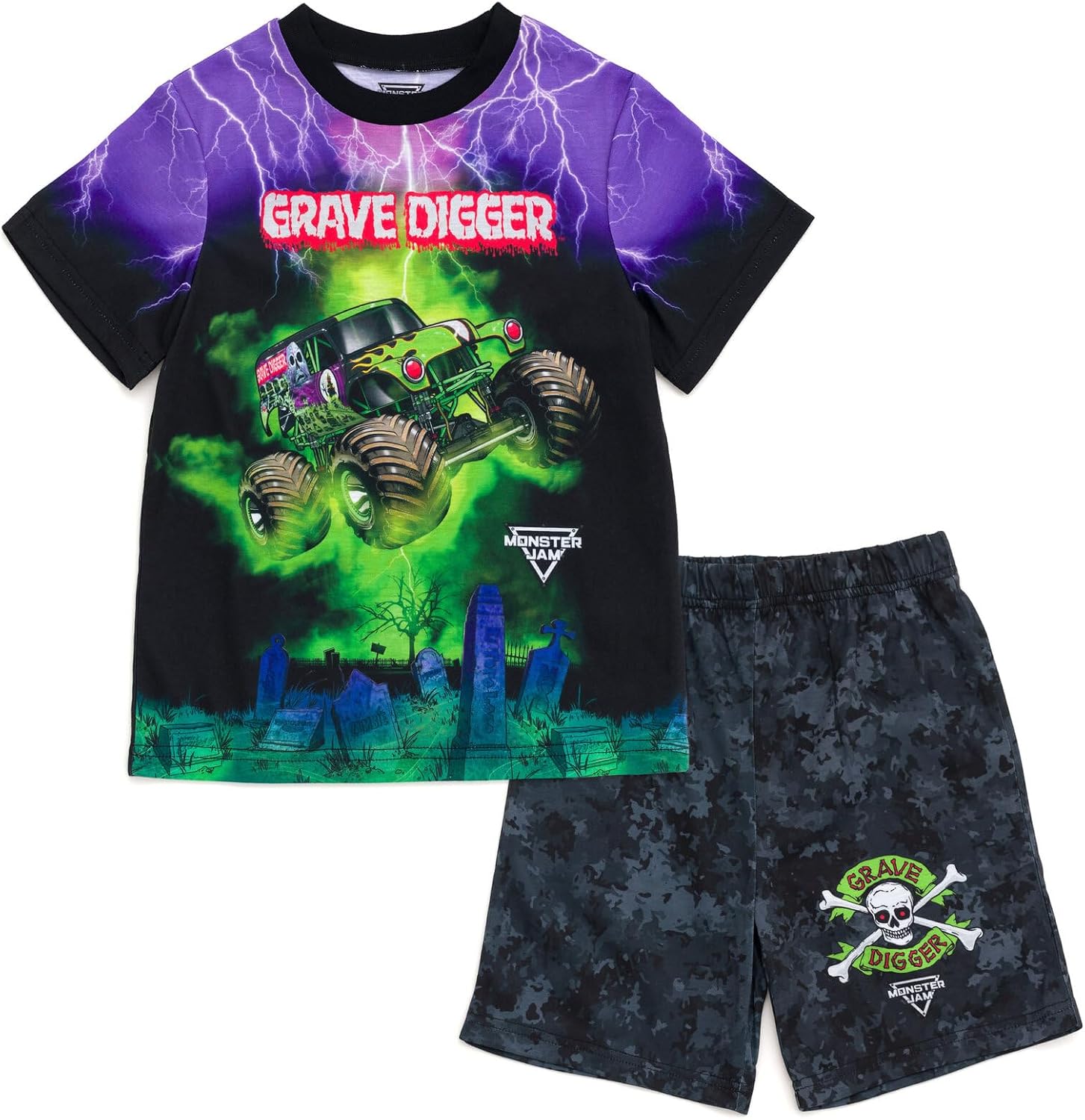 Monster Jam Pullover Pajama Shirt and Shorts Sleep Set Toddler to Little Kid Grave Digger El Toro Loco Megalodon