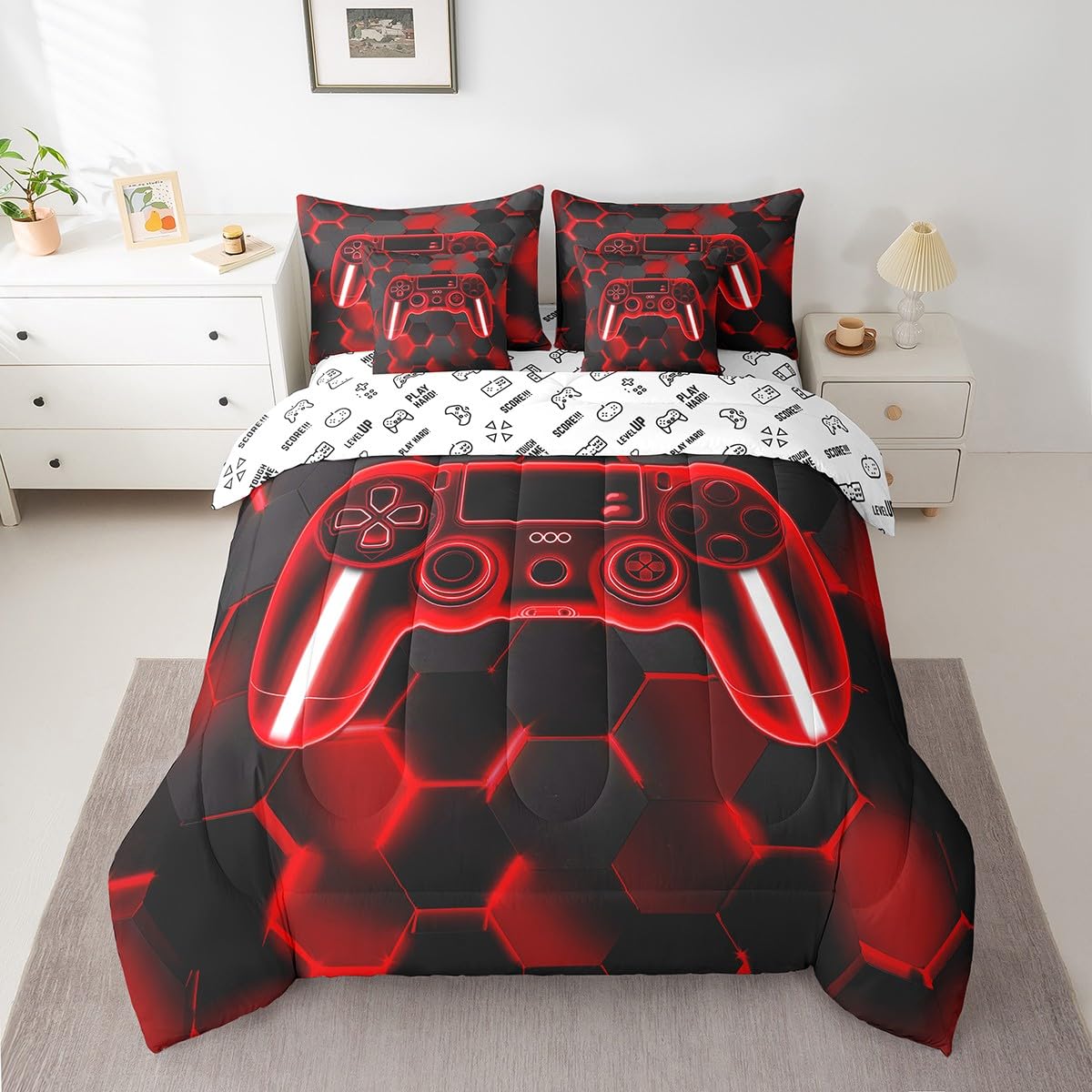 Gamer Bed Set Includes Comforter, Sheet Set, Pillowcases & Pillow Covers Gaming 7 Piece Bedding Set for Kids Boys Girls Room Decor Red and Black Game Console Bed in a Bag Twin Gamepad Honeycomb