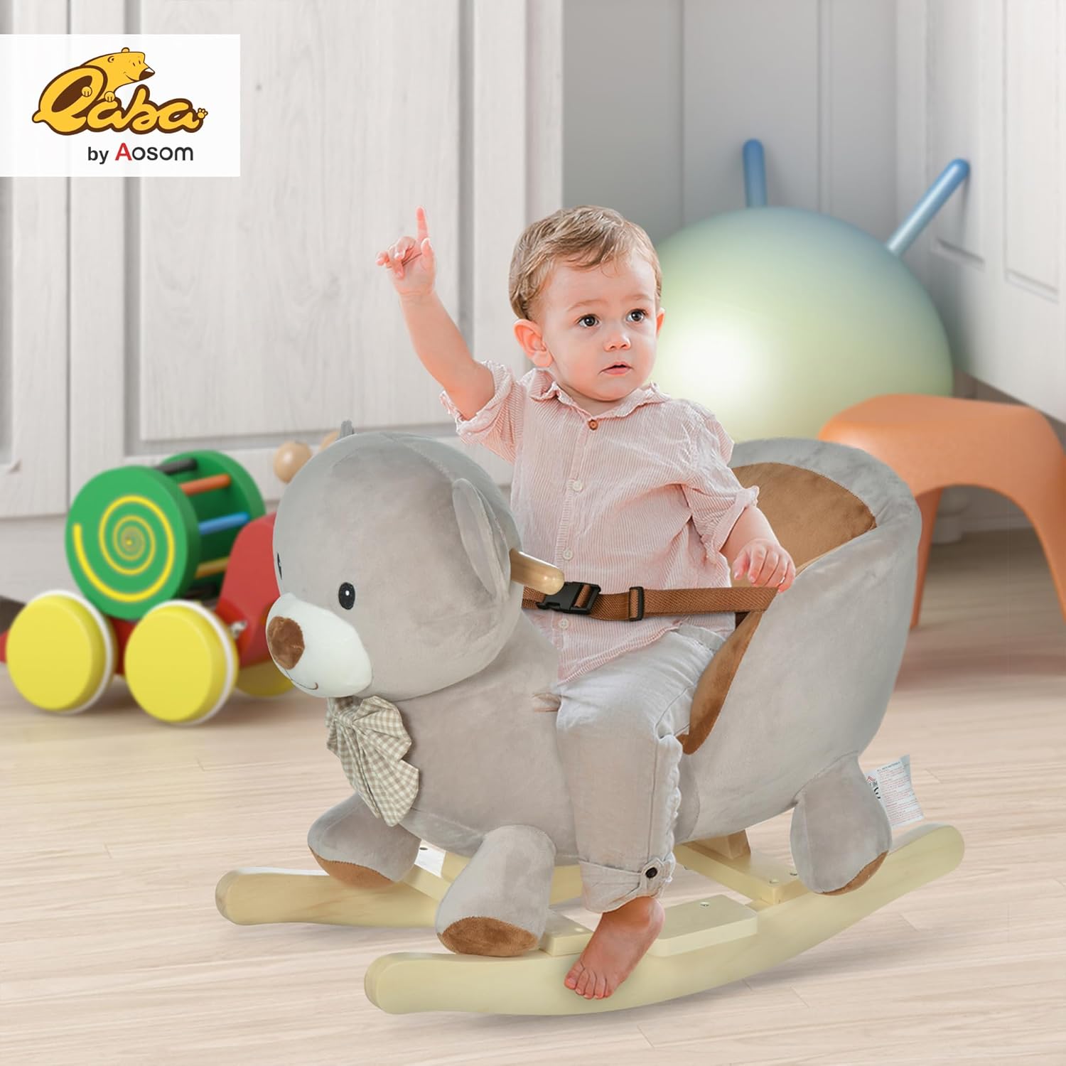 Qaba Kids Rocking Horse, Bear-Shaped Plush Toddler Ride on Horse with Sound, Wooden Base & Safety Belt for 18-36 Months, Gray