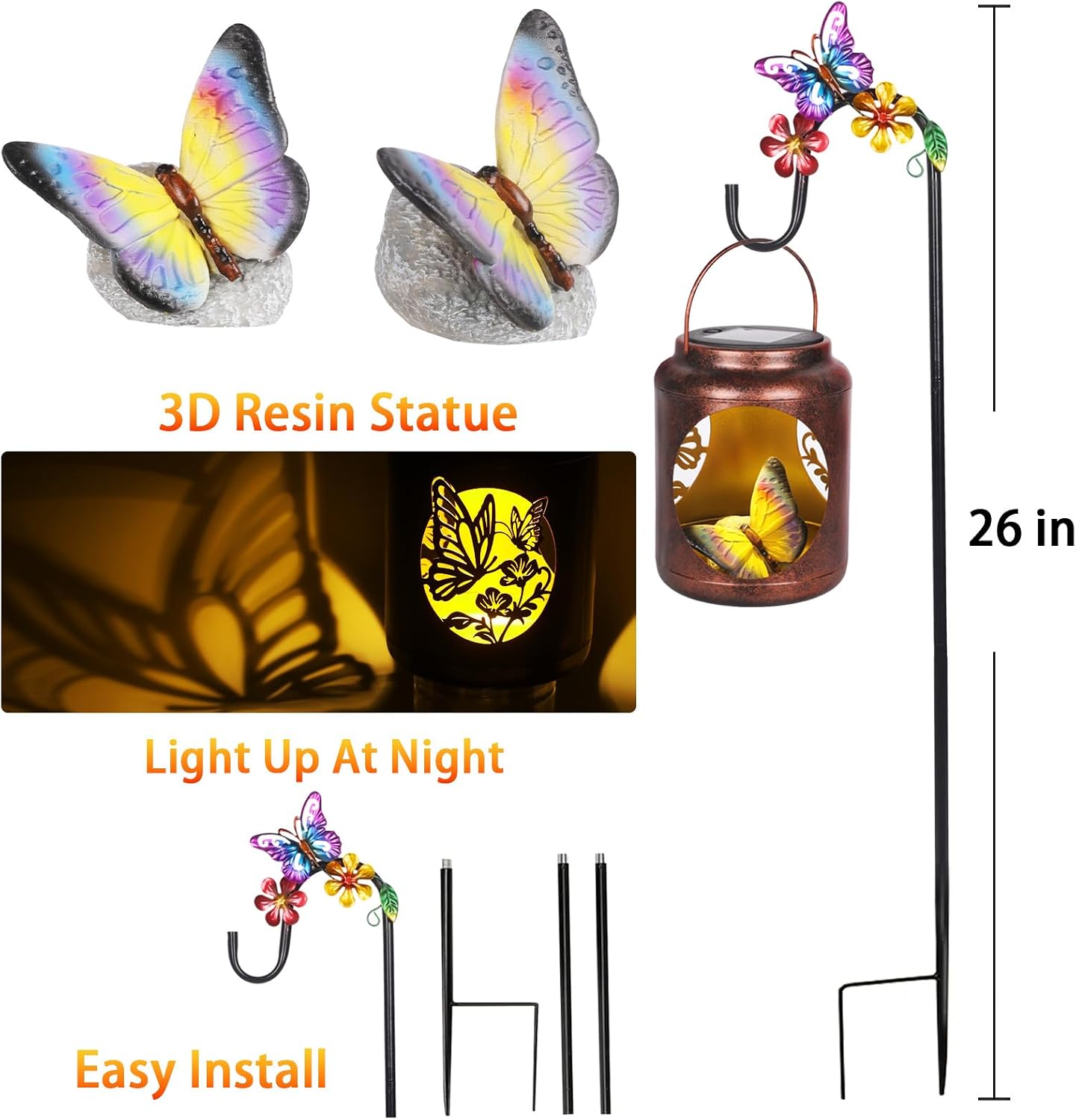 Butterfly Gifts for Women Mom Grandma,Metal Solar Lantern with Shepherds Hook & Resin Butterfly Statue Inside,Solar Garden Decorations Outside for Yard, Patio, Backyard, Porch