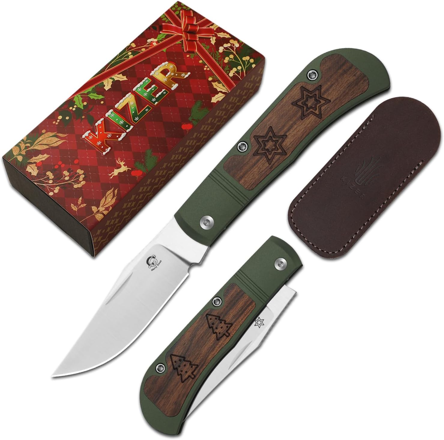 Kizer Trestle Pocket Knife, 2.89" S45VN Blade EDC Knife with Green Aluminum & Brown Mkuruti Wood Handle, Small Slip Joint Knives with Nail Nick Opener, Folding Knives for Men Women, Ki3761MC1