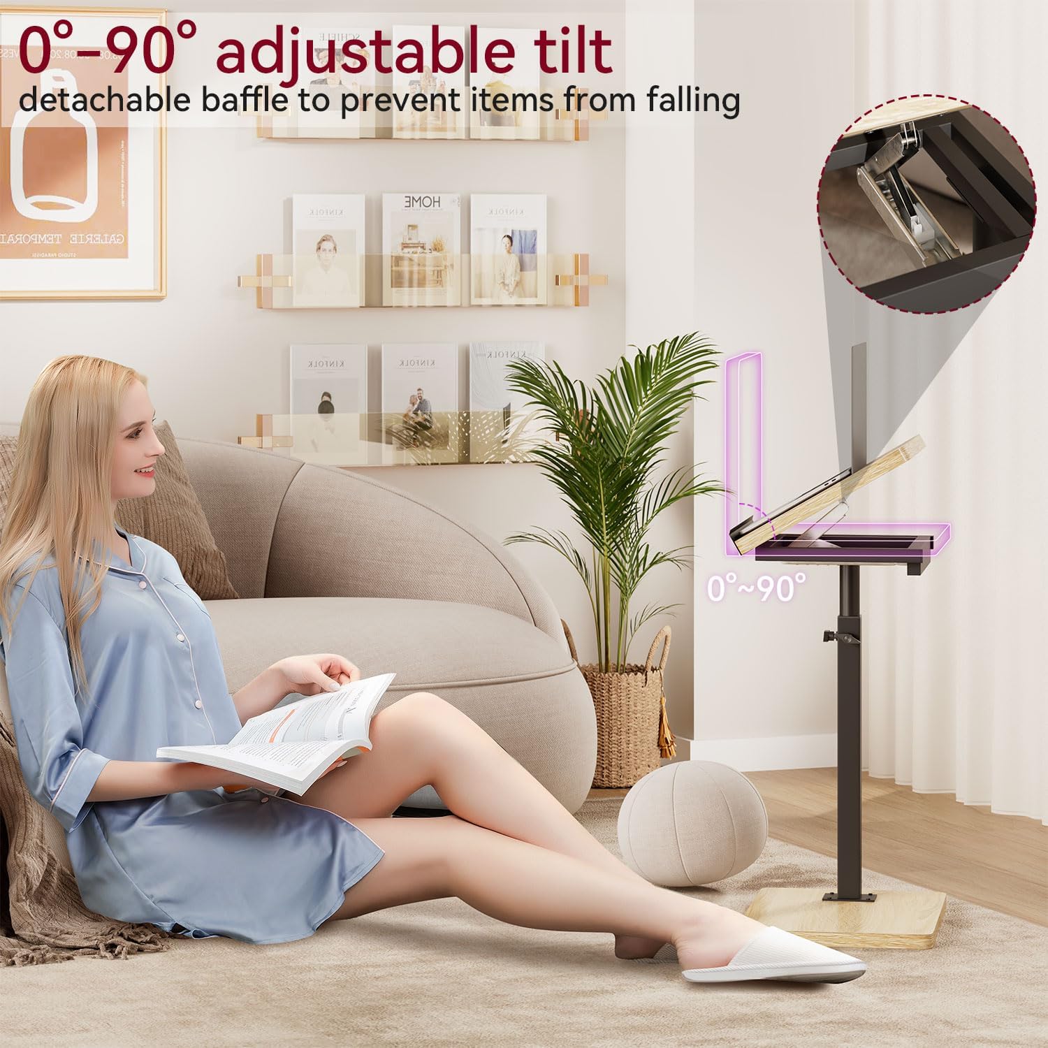 IBUYKE C Shaped Side Table, Angle Adjustable, 360° Swivel Height Adjustable End Table for Small Spaces, for Phone Computer & Tablet, Modern Small Coffee Snack Table for Sofa/Bed, Natural UTVT004R