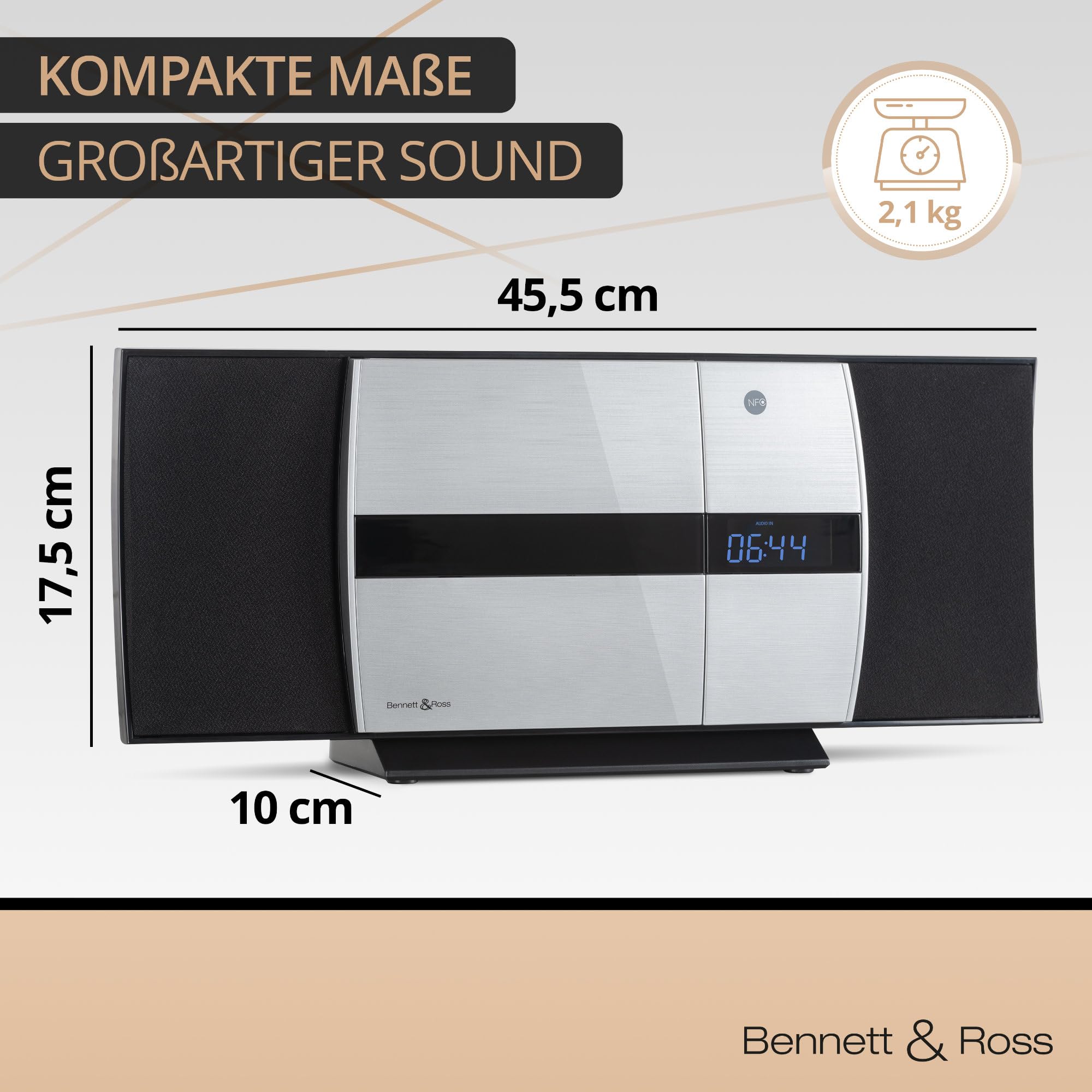 Bennett & Ross Ålesund Vertikal Stereoanlage - HiFi Microanlage mit CD-Player, MP3, UKW-Funktion, USB und Bluetooth mit NFC - Standaufstellung oder Wandmontage - Fernbedienung - Silber