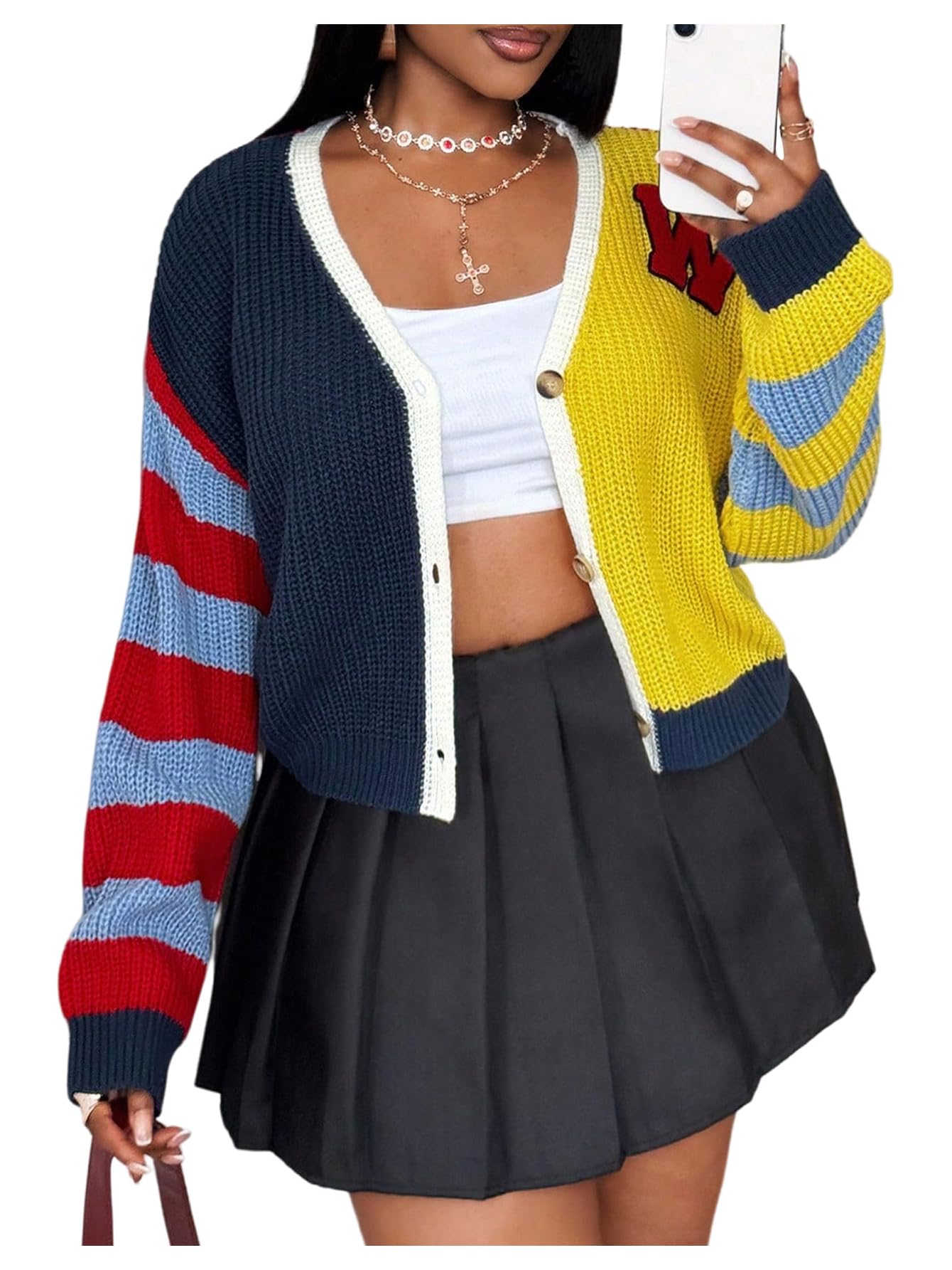 SHENHE Womens Plus Size Color Block Cropped Cardigan Letter Patch Button Up Cardigan Sweater
