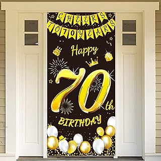 DPKOW Black Gold 70th Birthday Decoration for Man Woman, Black Gold 70th Birthday Banner for Backdrop Door Decoration, Fabric 70th Birthday Background Banner for Garden Table Wall Decoration, 185x90cm