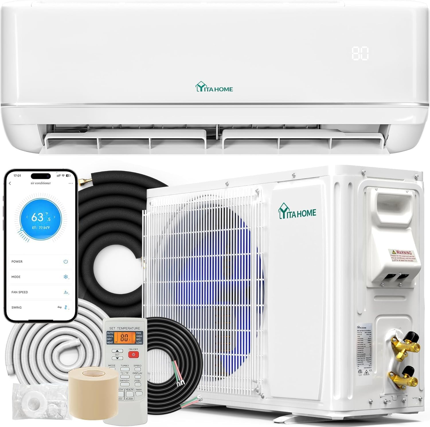 YITAHOME 24000 BTU Mini Split Air Conditioner Heat Pump System, 21 SEER2 208-230V Ductless Inverter System with Wi-Fi&Alexa Compatibility, Cover Up to 1500 Sq. Ft, Complete Installation Kit Included