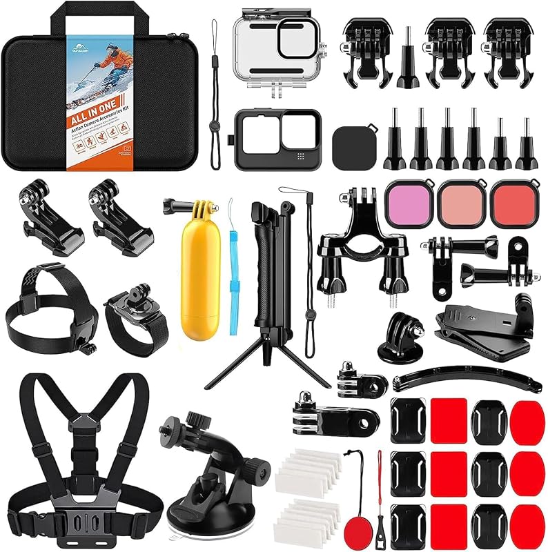 HONGDAK Action Camera Accessories Kit for GoPro Hero 13 12 11 10 9 Black | Waterproof Housing+Silicone Case+ Adjustable Arm+Head Chest Wrist Strap+Bike Mount+Suction Cup+Floating Grip Bundle Set 63in1