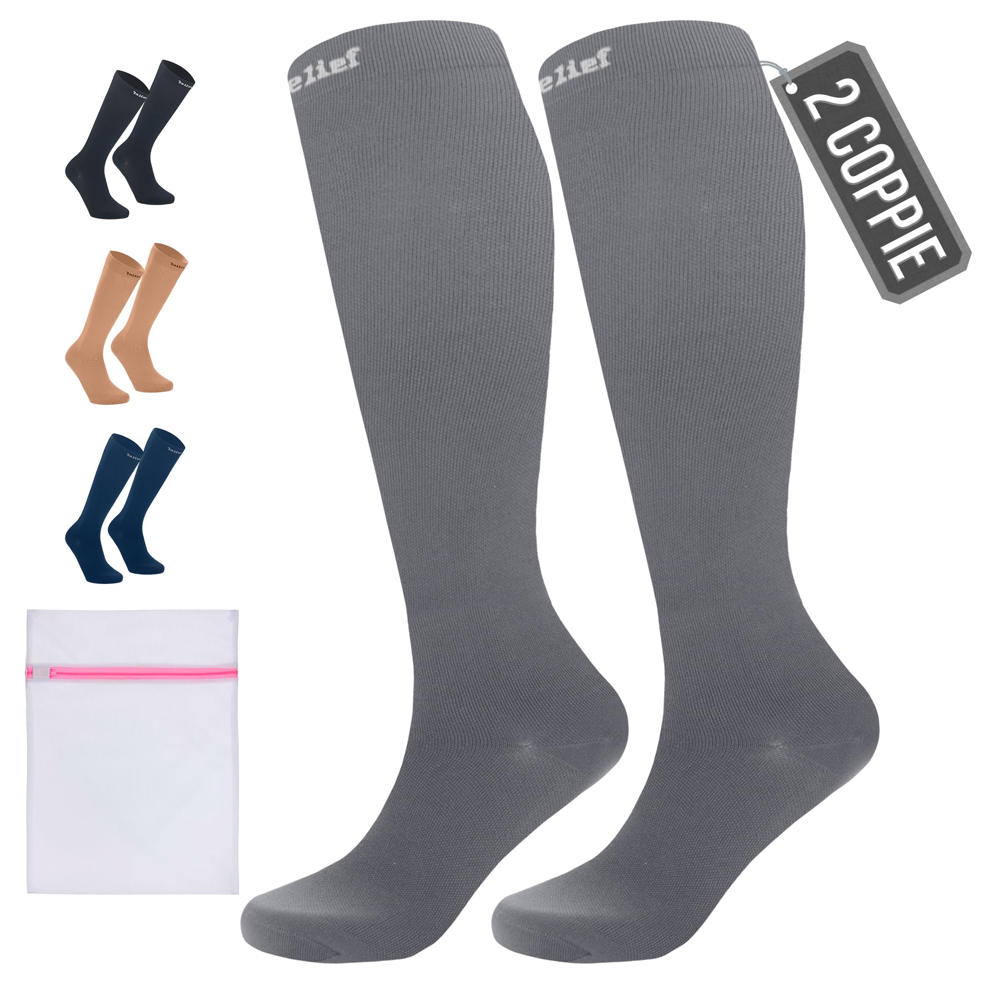 360 Relief Calze Compressione Graduata Donna e Uomo - Taglie forti 2 Coppie Solido Colore Gambaletti Compressione per Sports, Running, Viaggio, Ciclismo, Lavoro - 4XL Grigio con Borsa Lavanderia