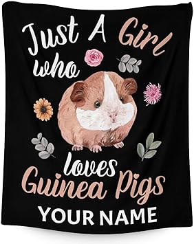 Personalized Guinea Pig Blanket Gifts with Name - 50x60 Inches Cute Throw for Girls - Black Soft Fuzzy Blankets for Bed, Couch & Living Room