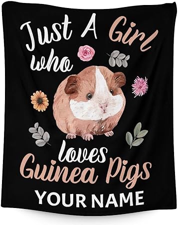Personalized Guinea Pig Blanket Gifts with Name - 50x60 Inches Cute Throw for Girls - Black Soft Fuzzy Blankets for Bed, Couch & Living Room