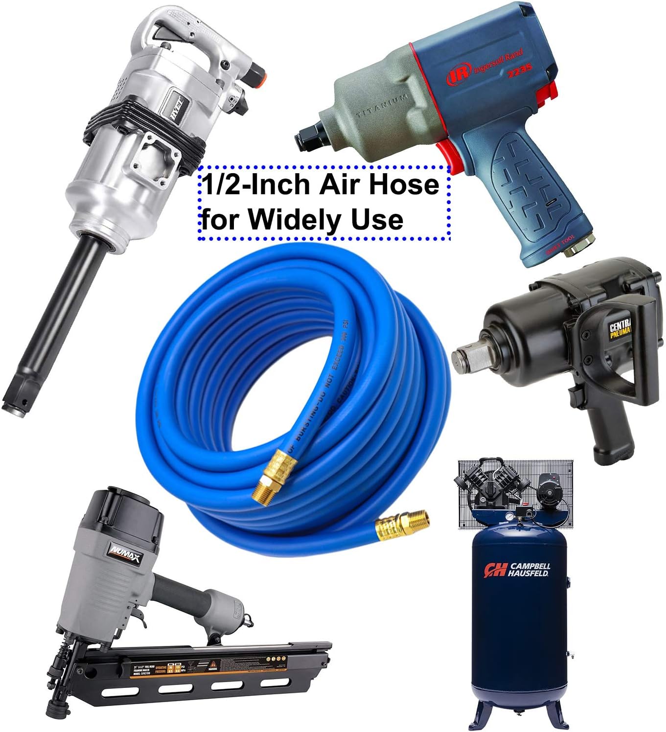 YOTOO Hybrid Air Hose 1/2-Inch I.D. by 50-Feet Long 3/8 inch MNPT Solid Brass Fittings 300 PSI Heavy Duty, Lightweight, Kink Resistant with 3/8" and 1/4" Industrial Quick Coupler Connectors, Blue