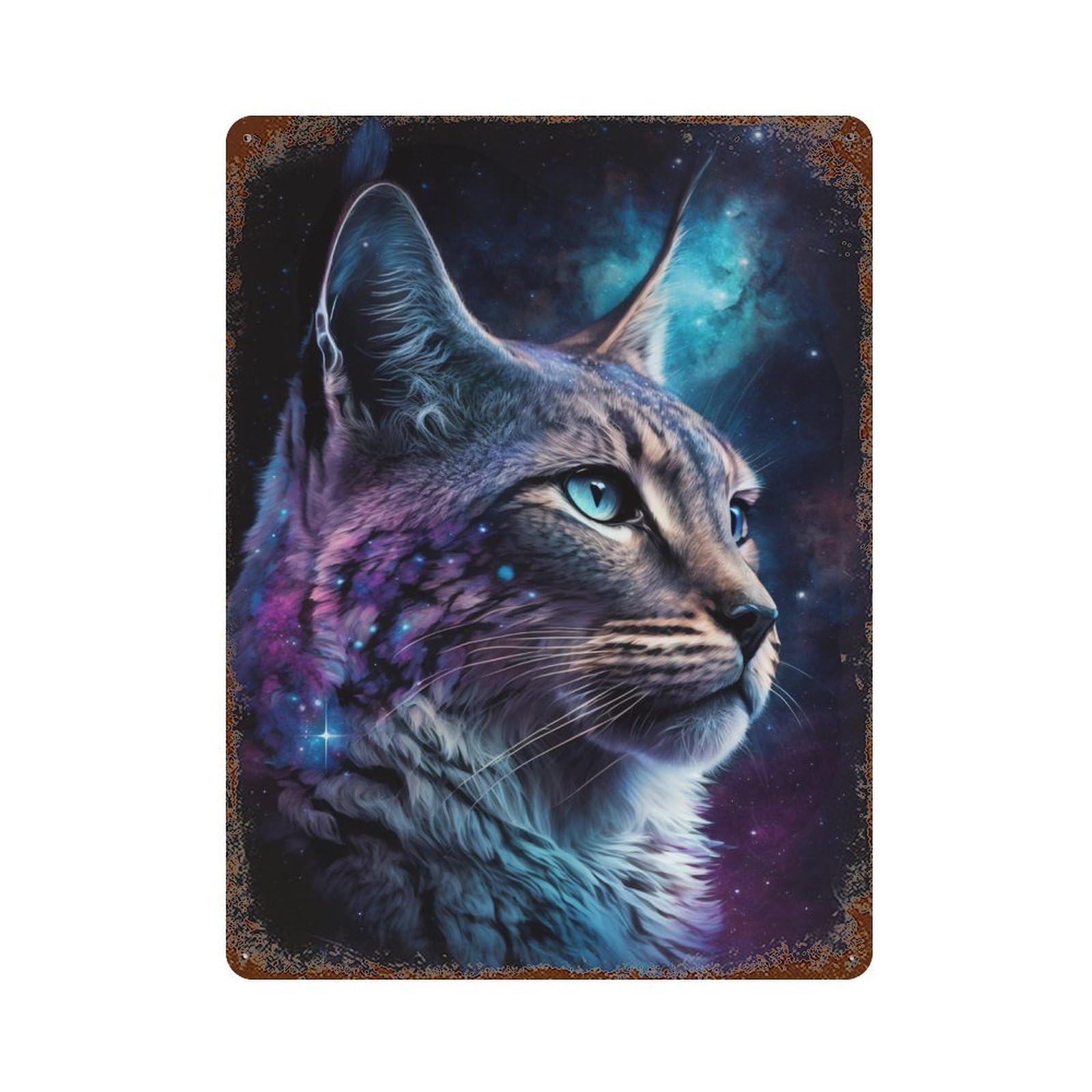 Garage Style Cosmic Cat Portrait Print Distressed Metal Wall Sign 15.7"x11.8", Farmhouse Wall Decor for Bar And Workshop